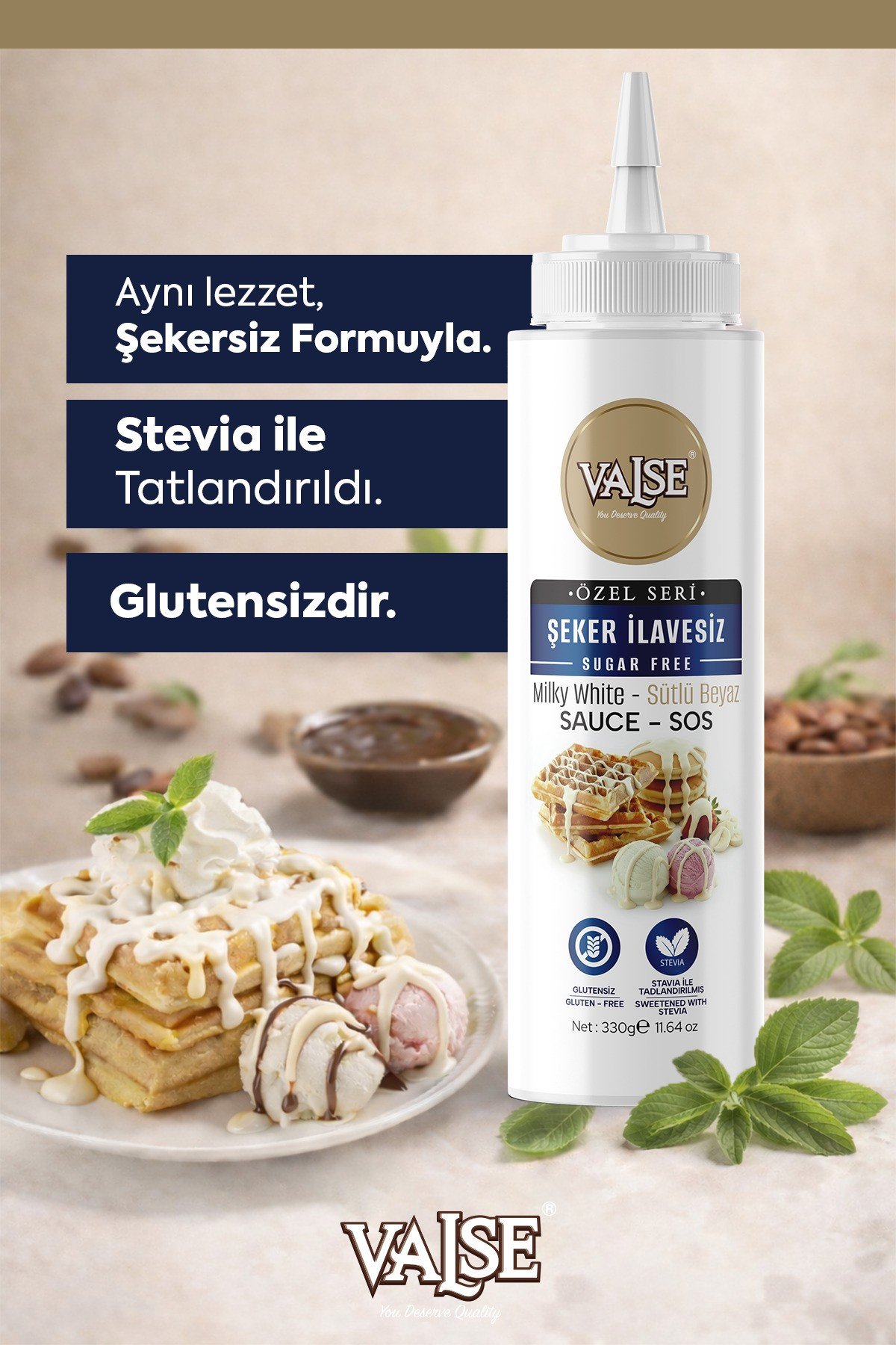 Şeker İlavesiz (Stevia'lı) Sütlü Beyaz Sos (Glutensiz) 330 Gr Waffle & Meyve & Kek &Tatlı&Dondurma