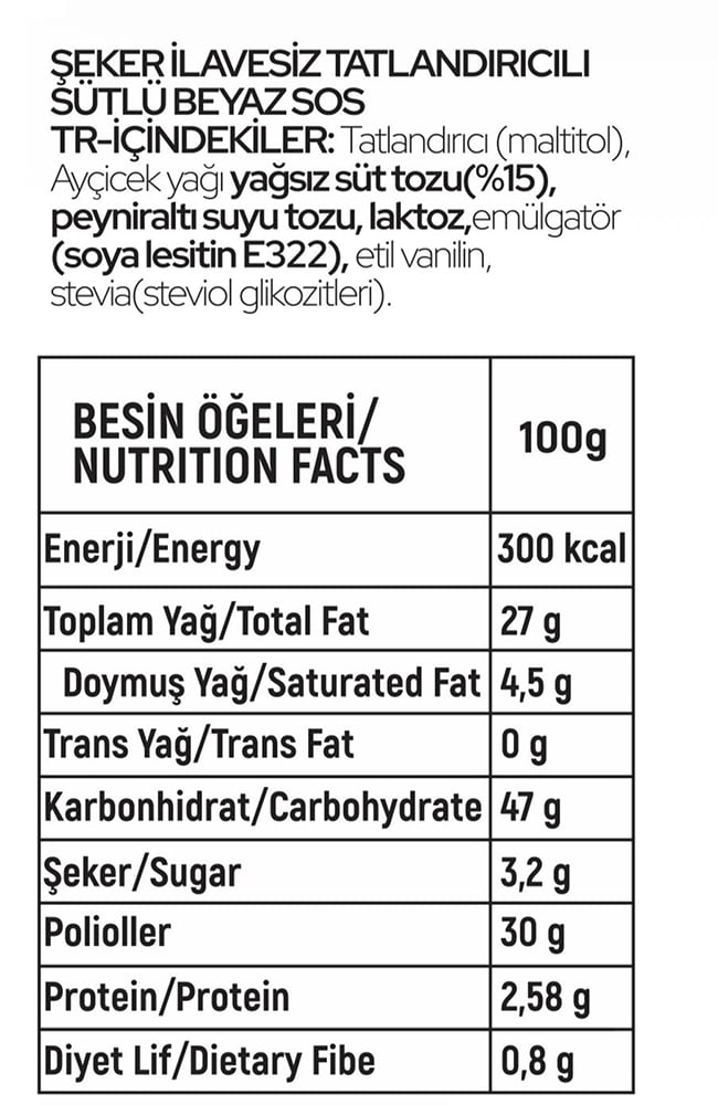 Şeker İlavesiz (Stevia'lı) Sütlü Beyaz Sos (Glutensiz) 330 Gr Waffle & Meyve & Kek &Tatlı&Dondurma