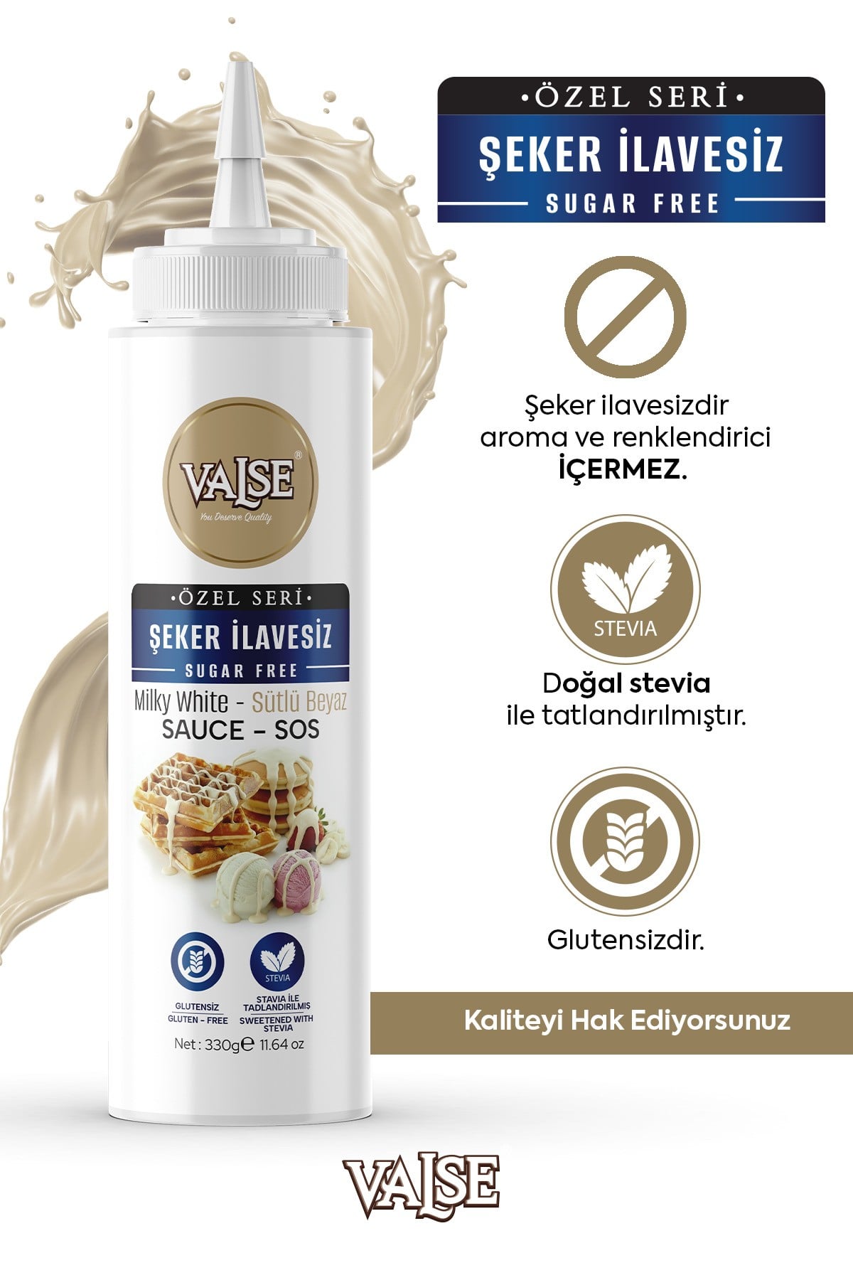 Şeker İlavesiz (Stevia'lı) Sütlü Beyaz Sos (Glutensiz) 330 Gr Waffle & Meyve & Kek &Tatlı&Dondurma