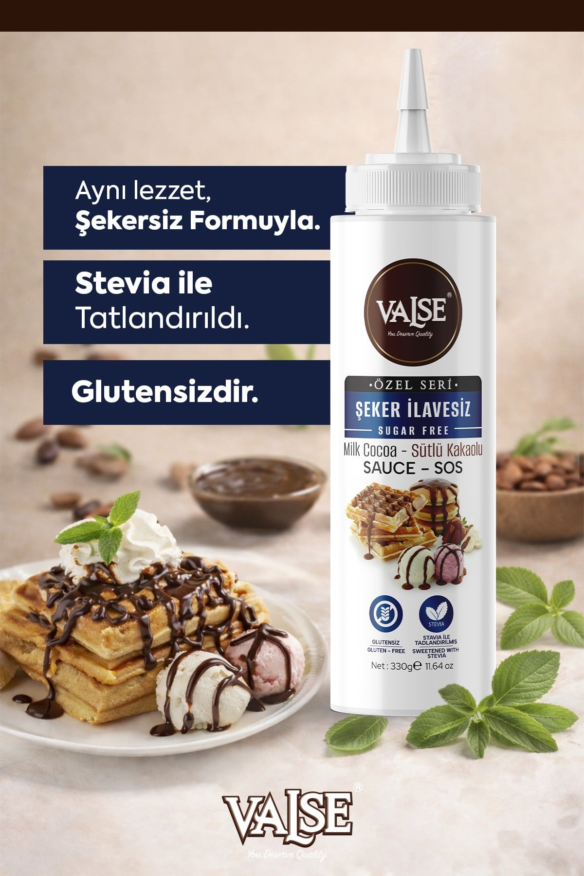 Şeker İlavesiz (Stevia'lı) Sütlü Kakaolu Sos (Glutensiz) 330 Gr Waffle & Meyve & Kek &Tatlı&Dondurma