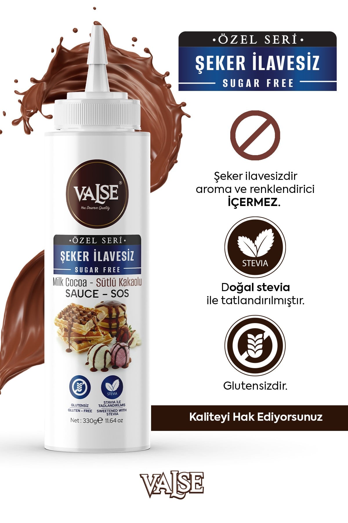 Şeker İlavesiz (Stevia'lı) Sütlü Kakaolu Sos (Glutensiz) 330 Gr Waffle & Meyve & Kek &Tatlı&Dondurma