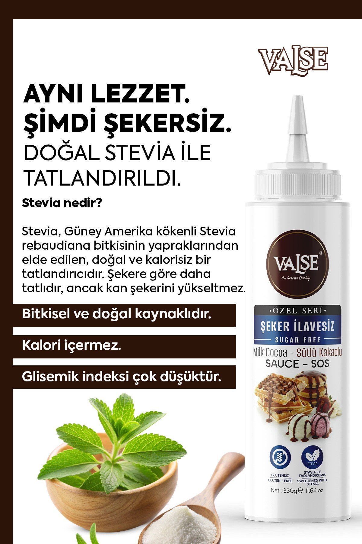 Şeker İlavesiz (Stevia'lı) Sütlü Kakaolu Sos (Glutensiz) 330 Gr Waffle & Meyve & Kek &Tatlı&Dondurma
