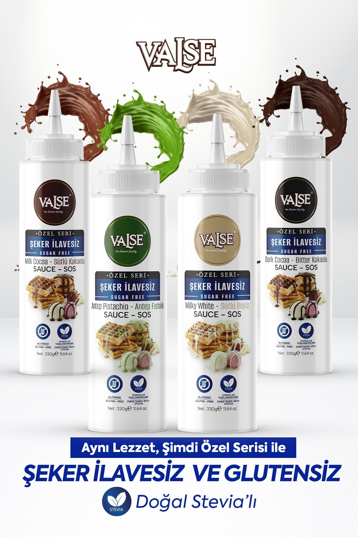 Şeker İlavesiz (Stevia'lı) Sütlü Kakaolu Sos (Glutensiz) 330 Gr Waffle & Meyve & Kek &Tatlı&Dondurma