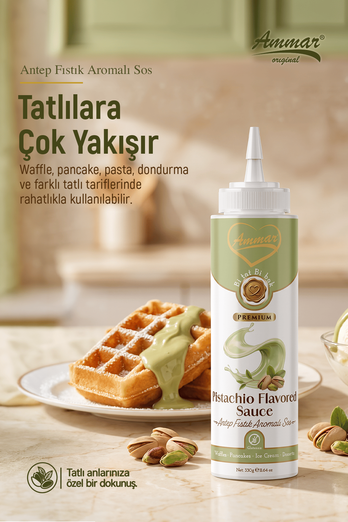 AMMAR Antep Fıstığı ,Aromalı Sos  (Glutensiz) 330 Gr Waffle & Pankek & Meyve & Kek & Tatlı & Dondurma