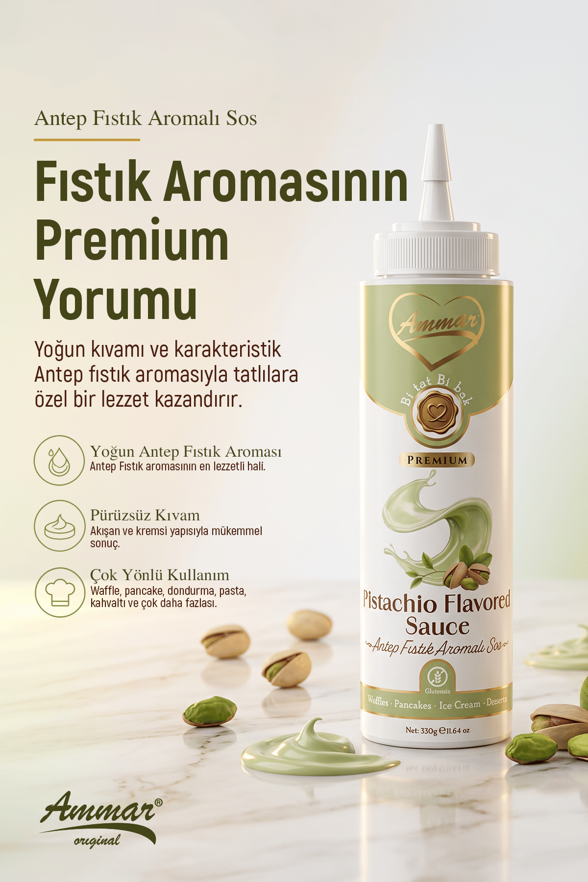 AMMAR Antep Fıstığı ,Aromalı Sos  (Glutensiz) 330 Gr Waffle & Pankek & Meyve & Kek & Tatlı & Dondurma