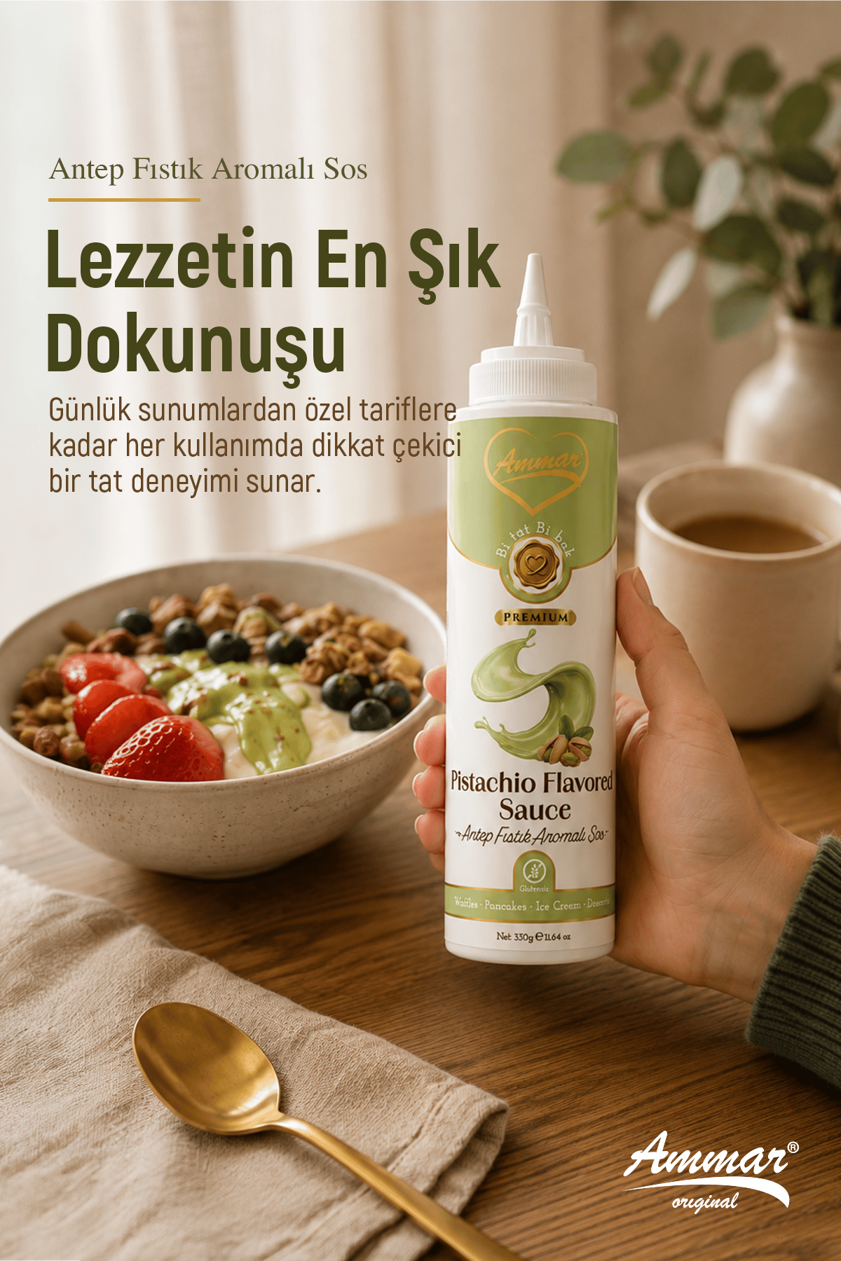 AMMAR Antep Fıstığı ,Aromalı Sos  (Glutensiz) 330 Gr Waffle & Pankek & Meyve & Kek & Tatlı & Dondurma
