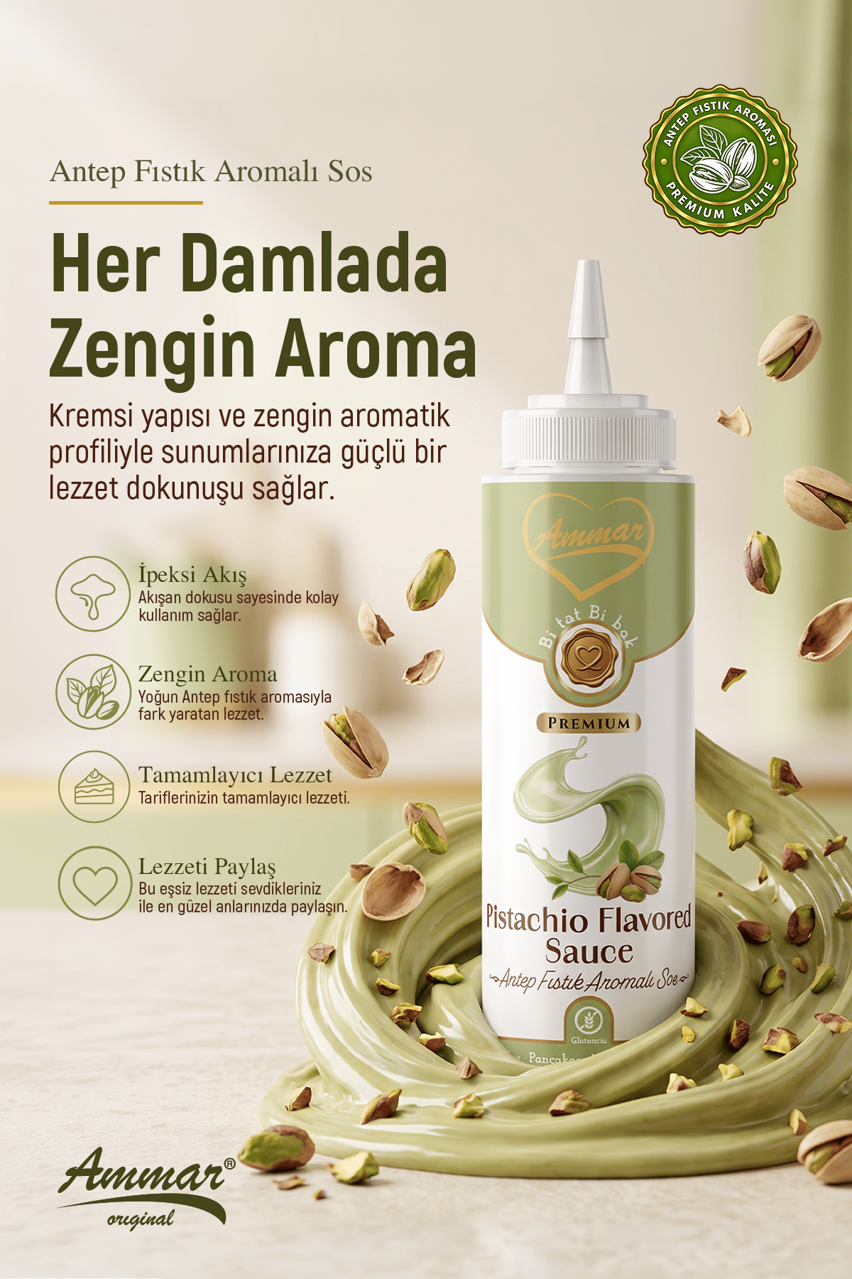 AMMAR Antep Fıstığı ,Aromalı Sos  (Glutensiz) 330 Gr Waffle & Pankek & Meyve & Kek & Tatlı & Dondurma