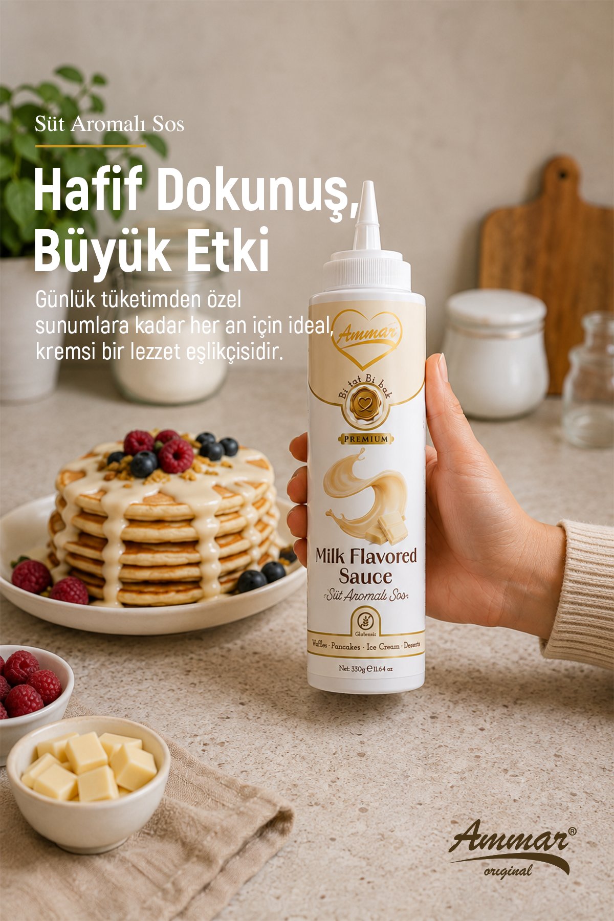 AMMAR Sütlü Beyaz ,Aromalı Sos  (Glutensiz) 330 Gr Waffle & Pankek & Meyve & Kek & Tatlı & Dondurma