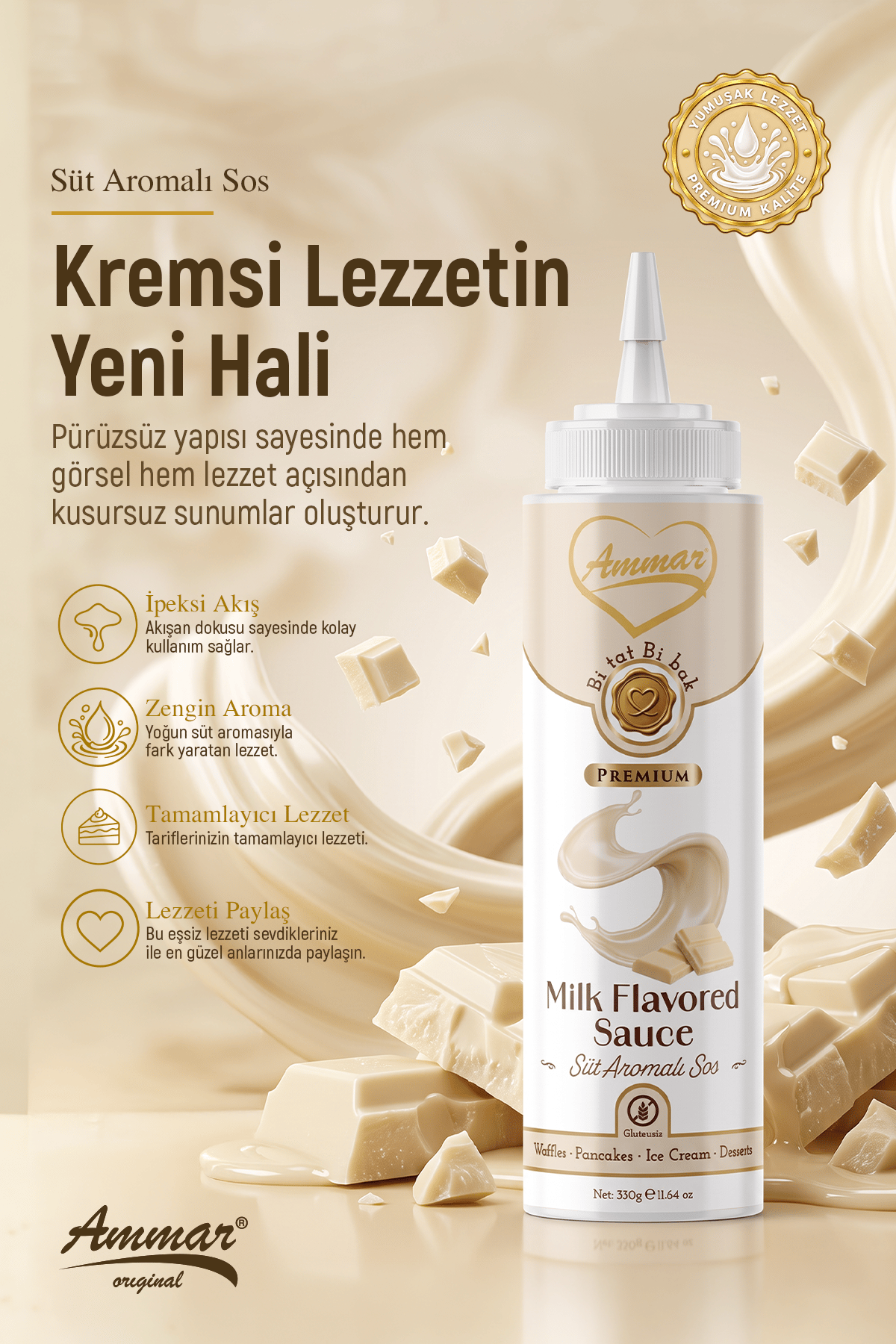 AMMAR Sütlü Beyaz ,Aromalı Sos  (Glutensiz) 330 Gr Waffle & Pankek & Meyve & Kek & Tatlı & Dondurma