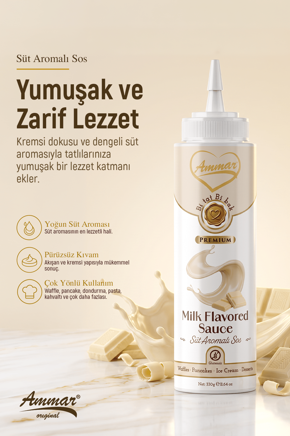 AMMAR Sütlü Beyaz ,Aromalı Sos  (Glutensiz) 330 Gr Waffle & Pankek & Meyve & Kek & Tatlı & Dondurma
