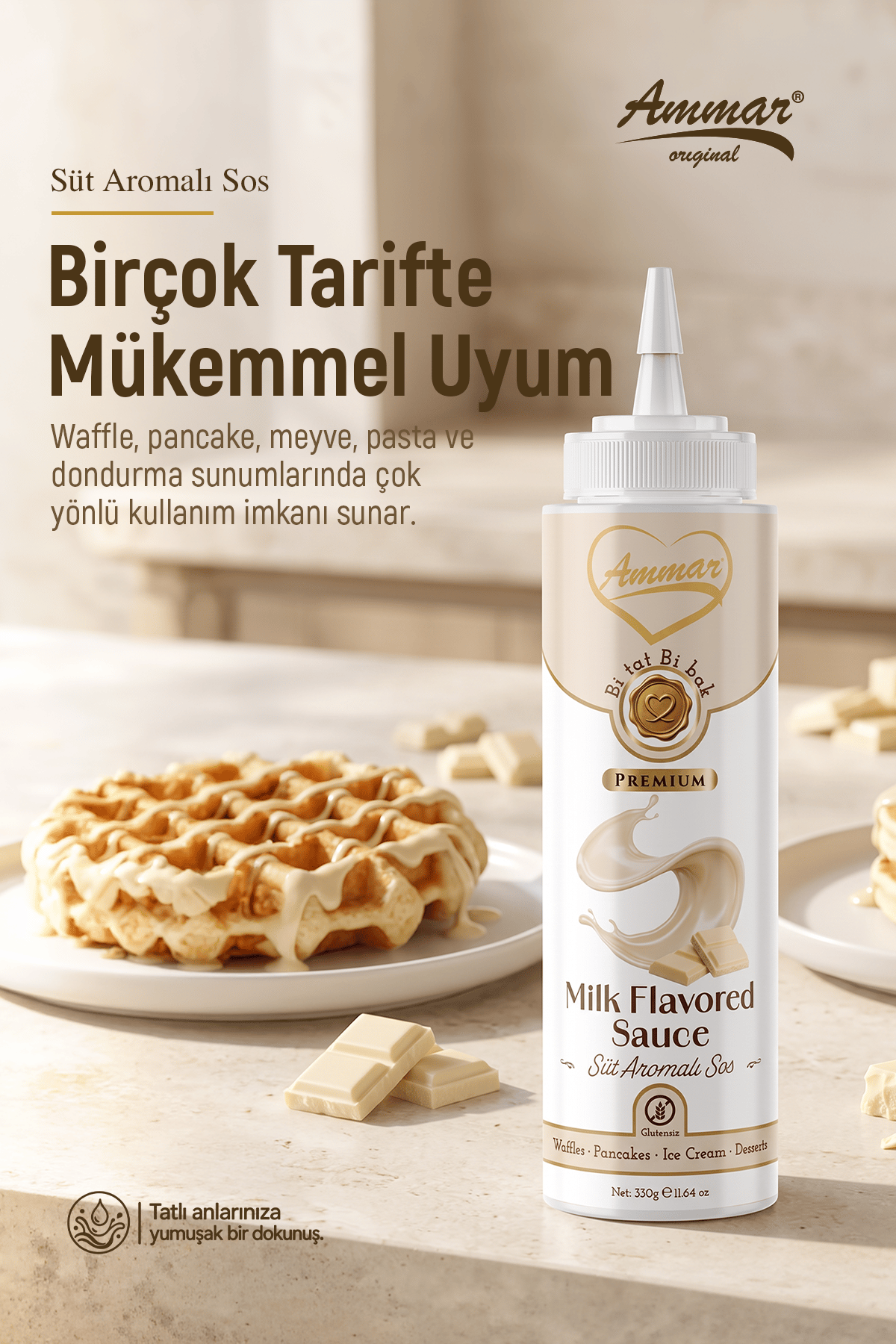 AMMAR Sütlü Beyaz ,Aromalı Sos  (Glutensiz) 330 Gr Waffle & Pankek & Meyve & Kek & Tatlı & Dondurma