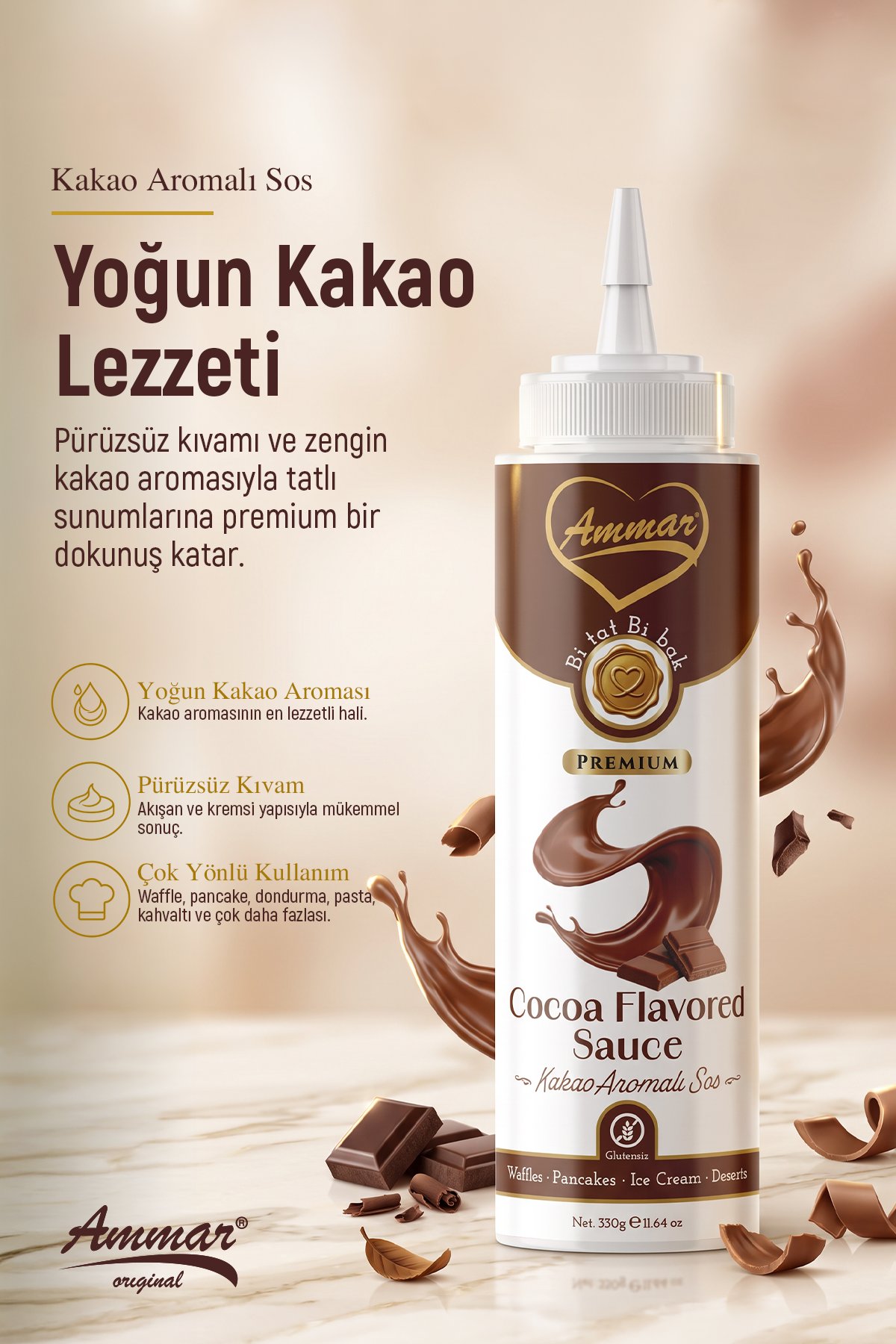 AMMAR Sütlü Çikolata ,Aromalı Sos  (Glutensiz) 330 Gr Waffle & Pankek & Meyve & Kek & Tatlı & Dondurma