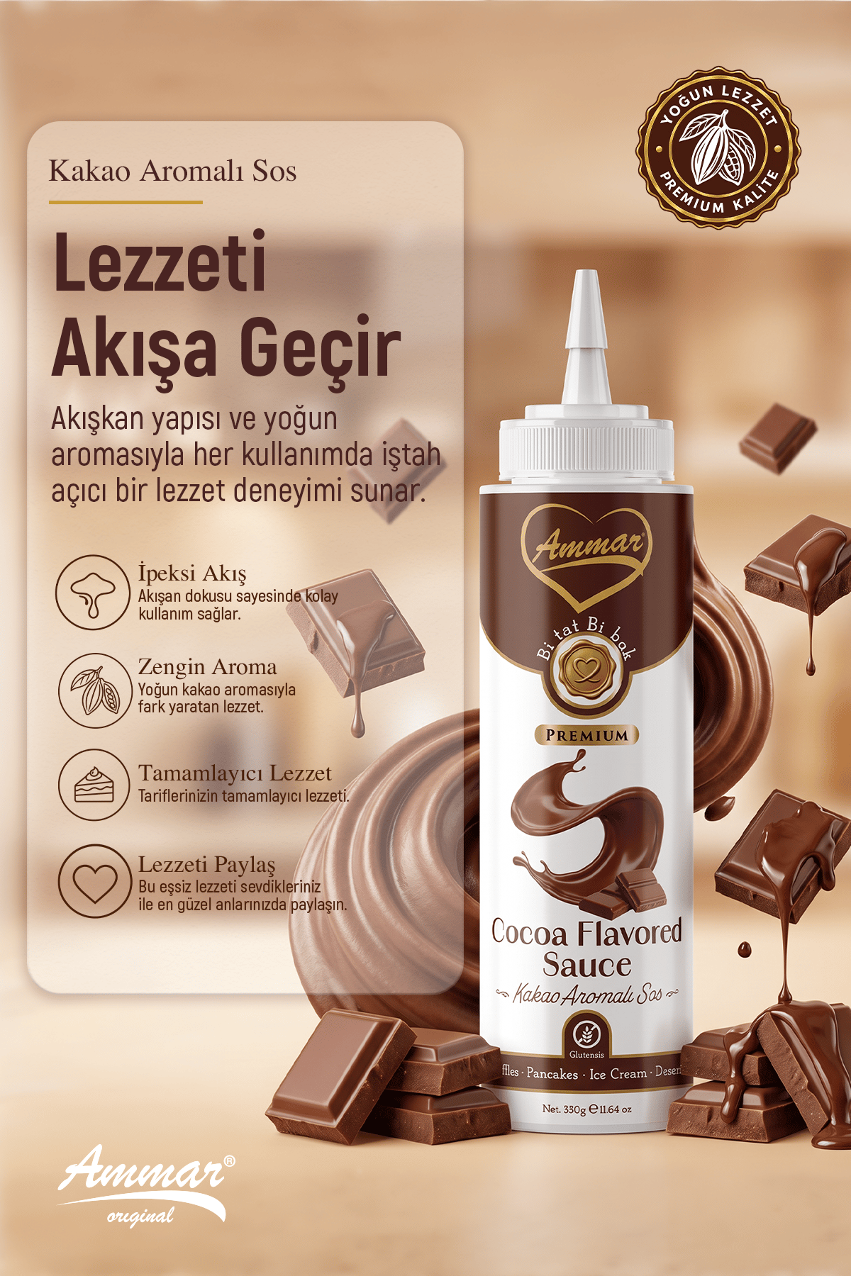 AMMAR Sütlü Çikolata ,Aromalı Sos  (Glutensiz) 330 Gr Waffle & Pankek & Meyve & Kek & Tatlı & Dondurma