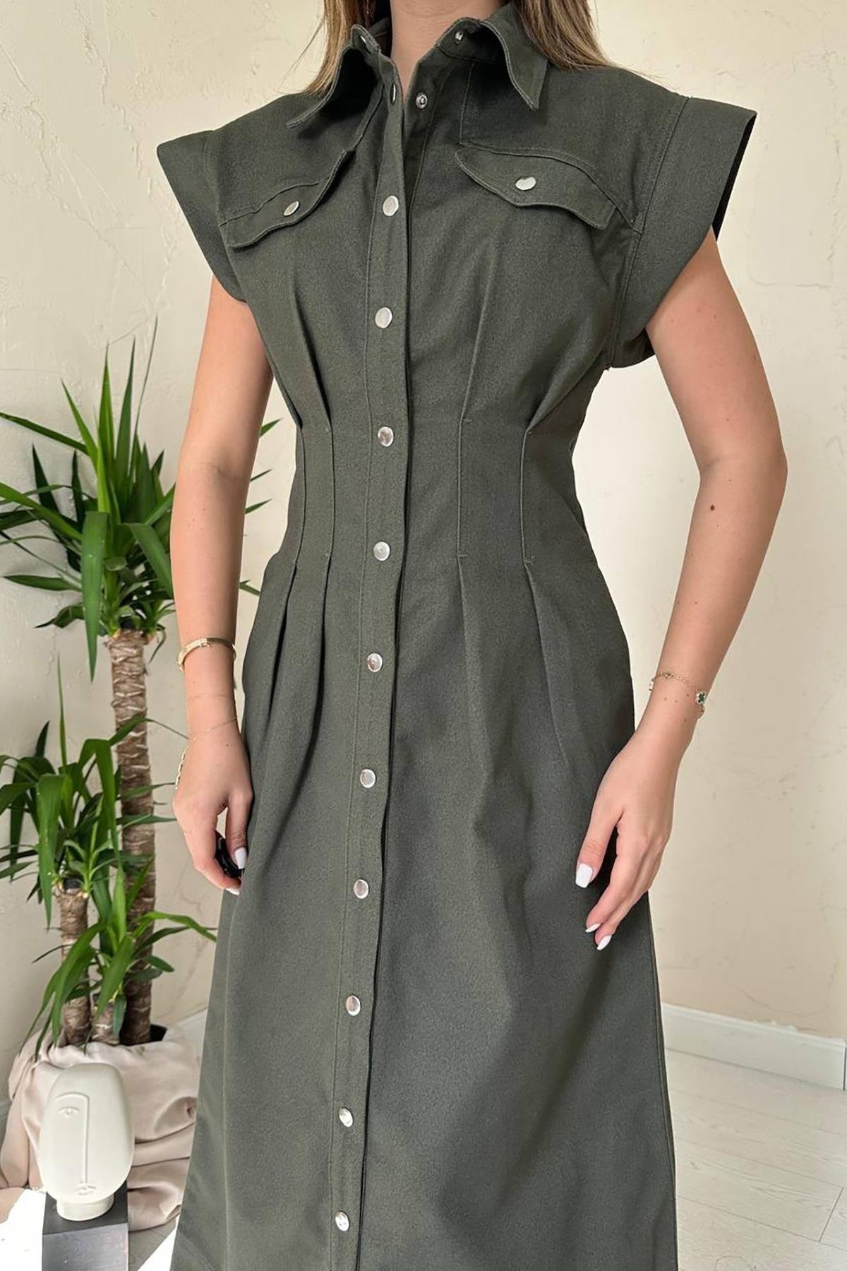 Haki Pile Detaylı Düğmeli Gabardin Elbise