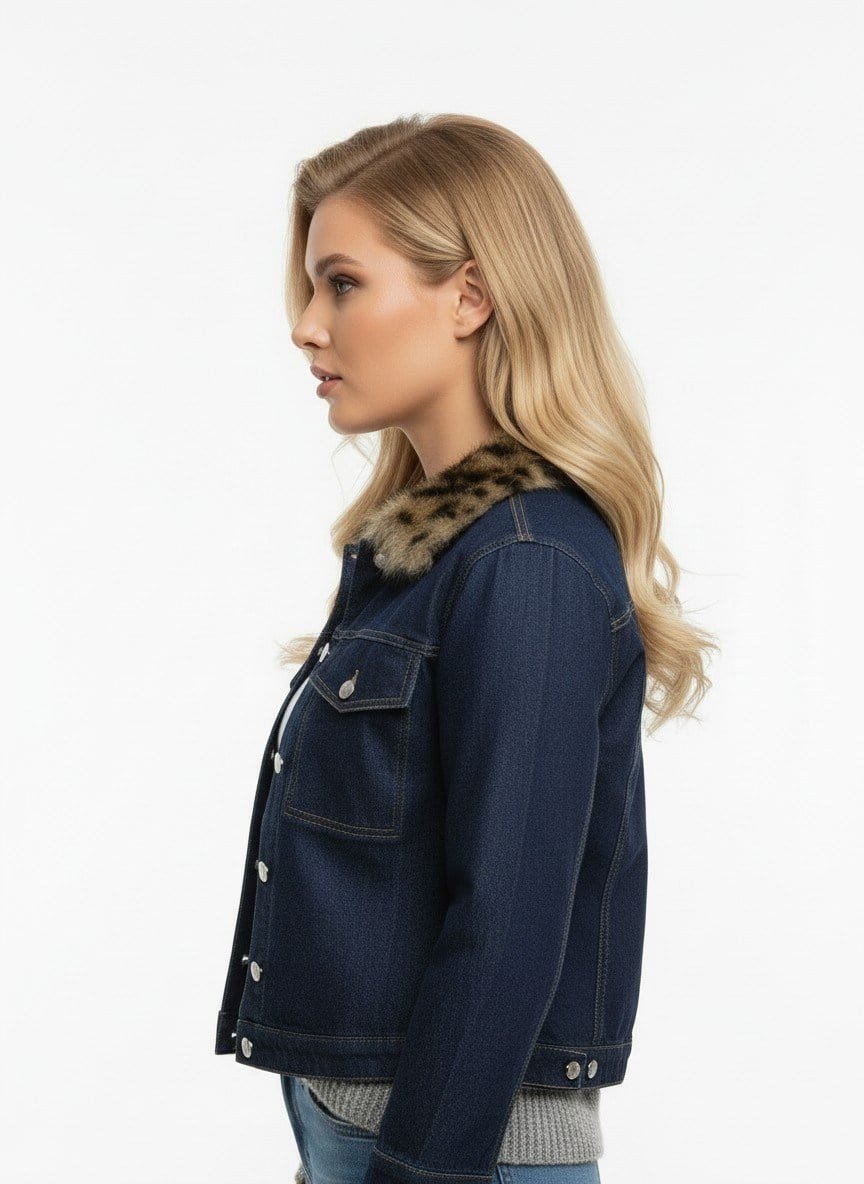 Kürk Yaka Detaylı Premium Denim Ceket – Modern Kesim Şık Jean Ceket