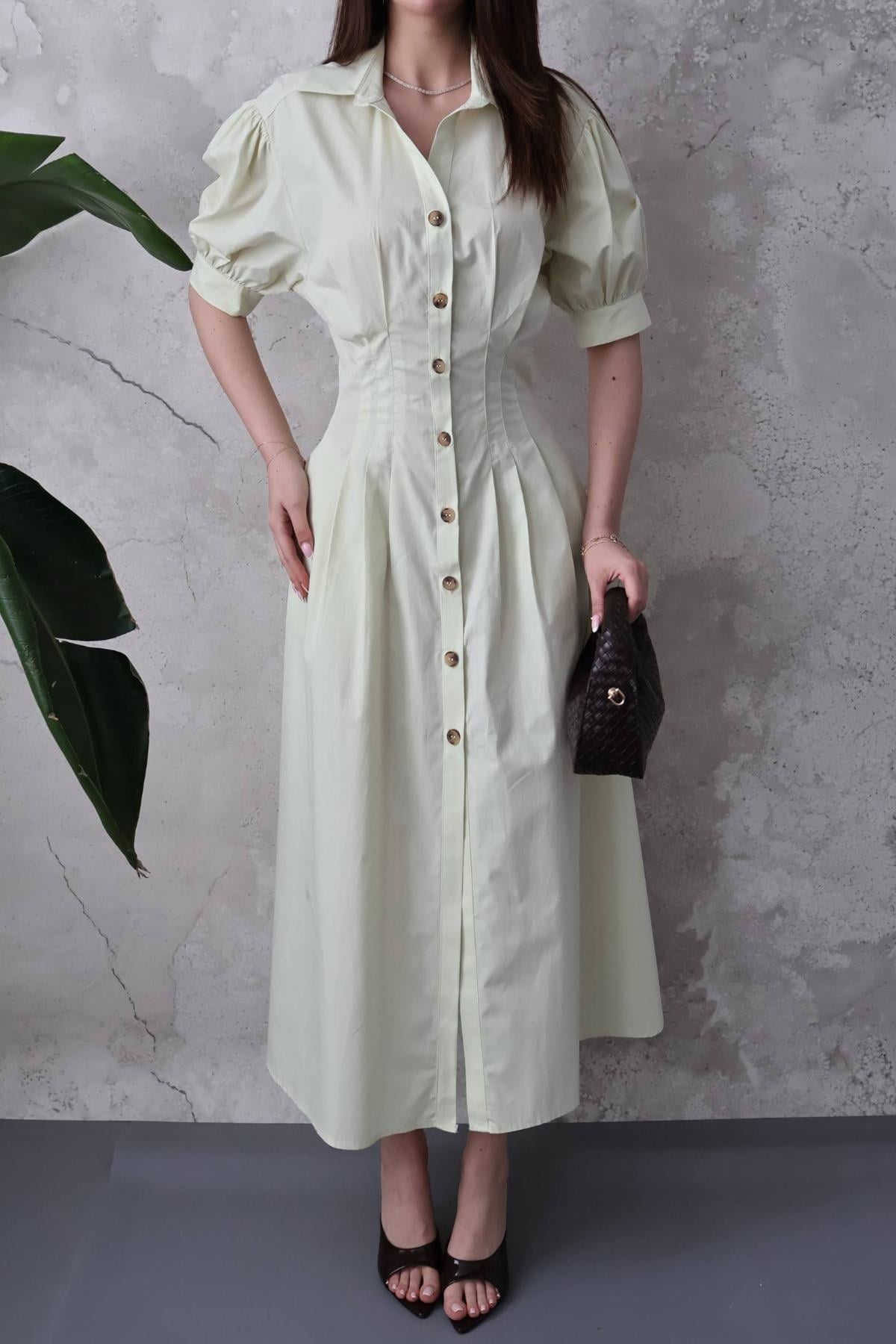 Mint Pileli Poplin Elbise
