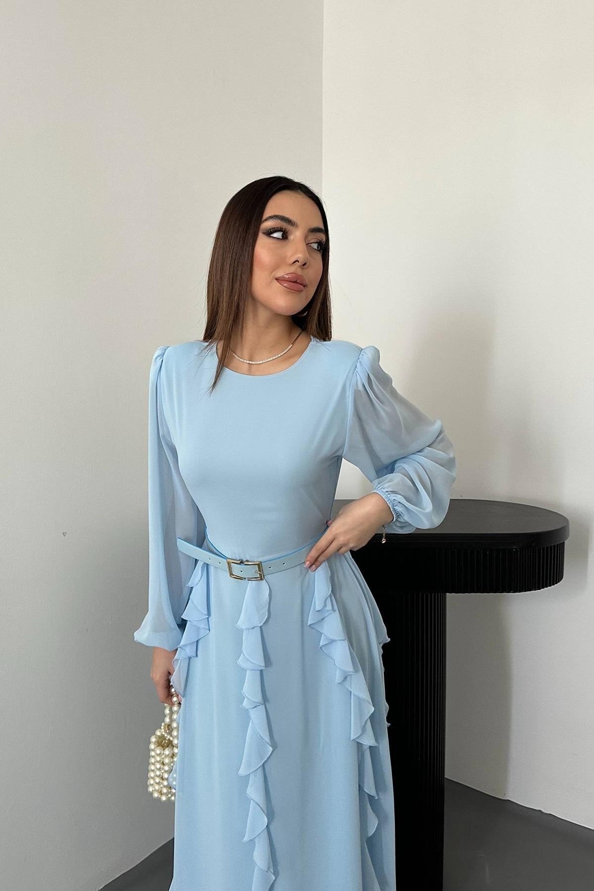 Toptan Bebe Mavi Kemerli Şifon Elbise