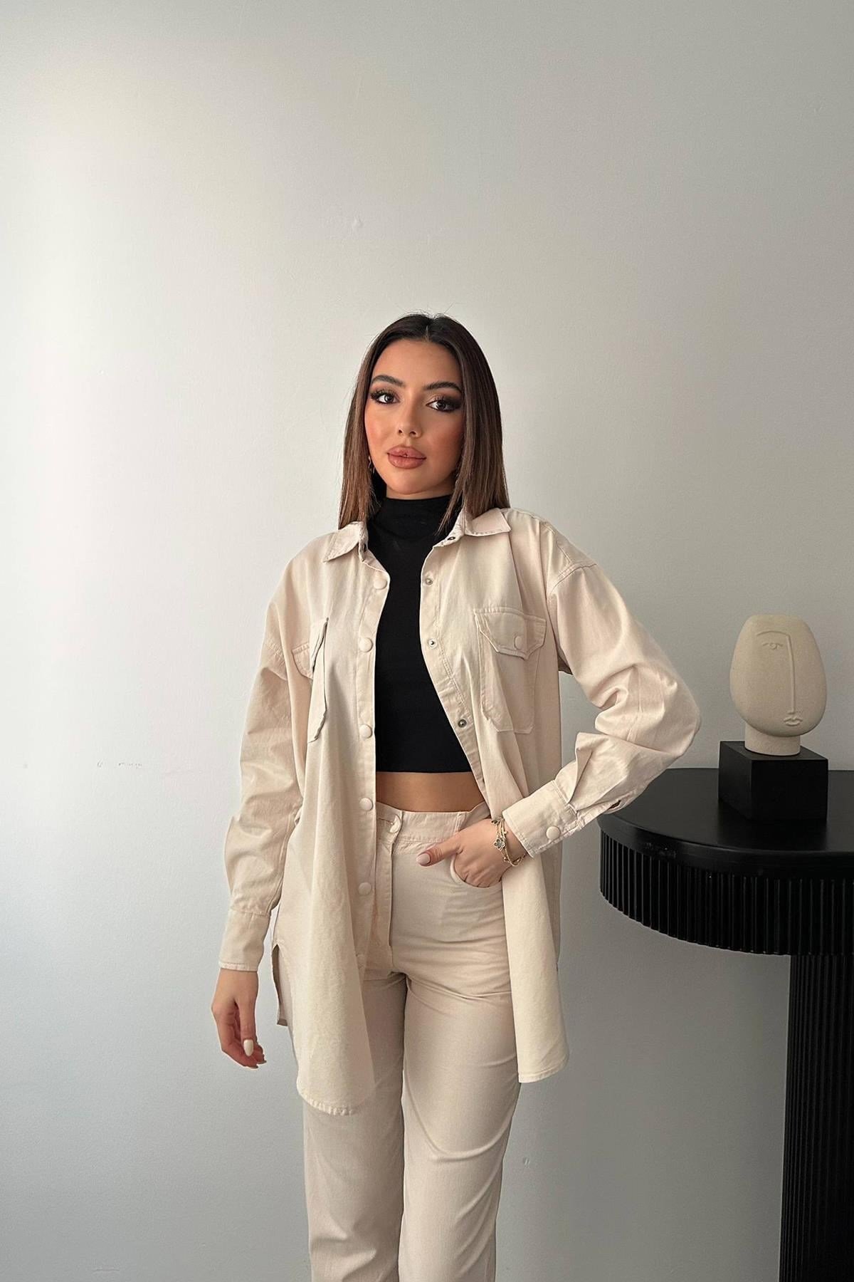 Toptan Bej Gömlek Ve Çıtçıtlı Pantolon Takım