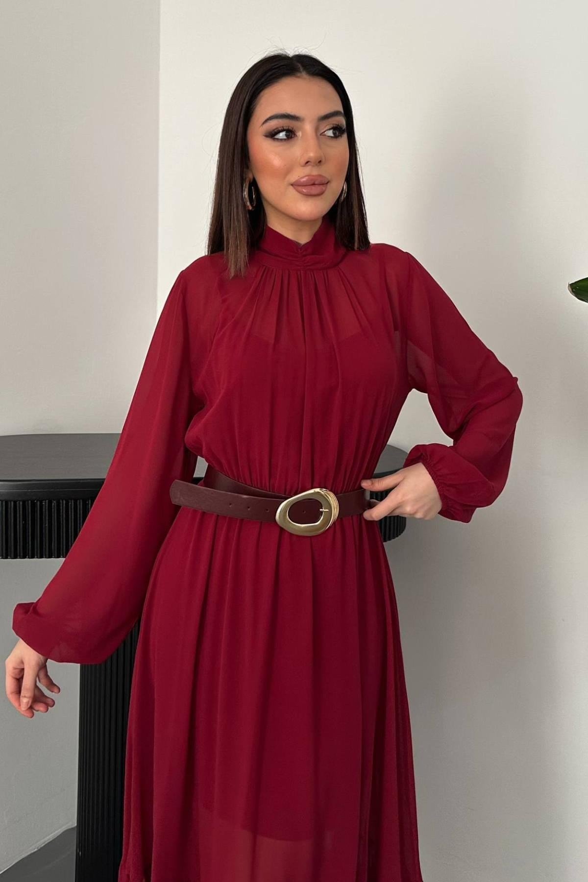 Toptan Bordo Eteği Fırfırlı Şifon Elbise