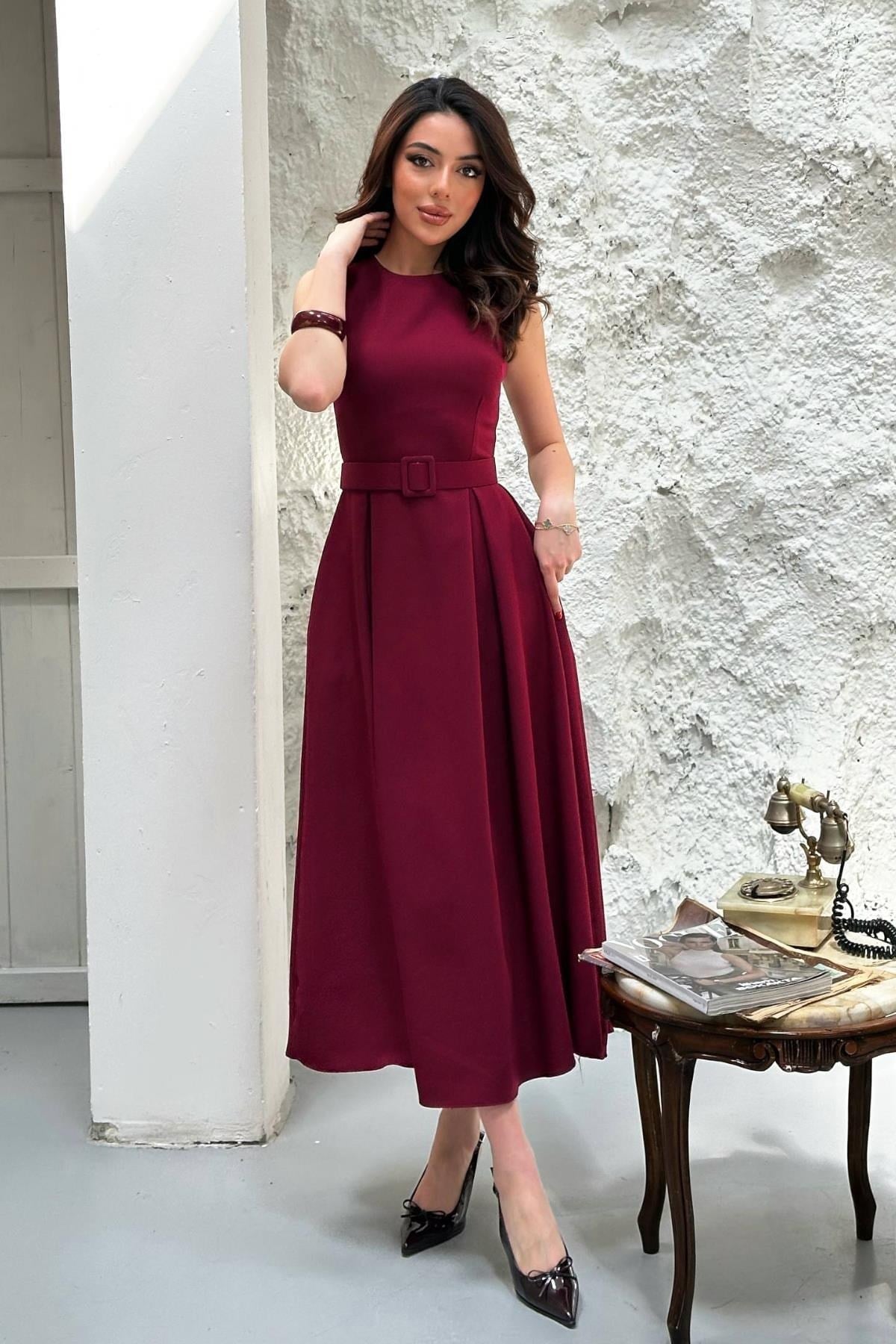Toptan Bordo Halter Yaka Kloş Elbise