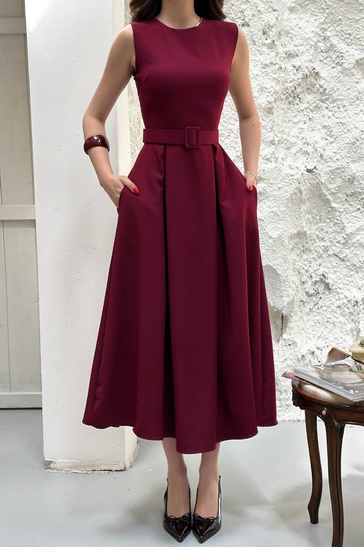 Toptan Bordo Halter Yaka Kloş Elbise