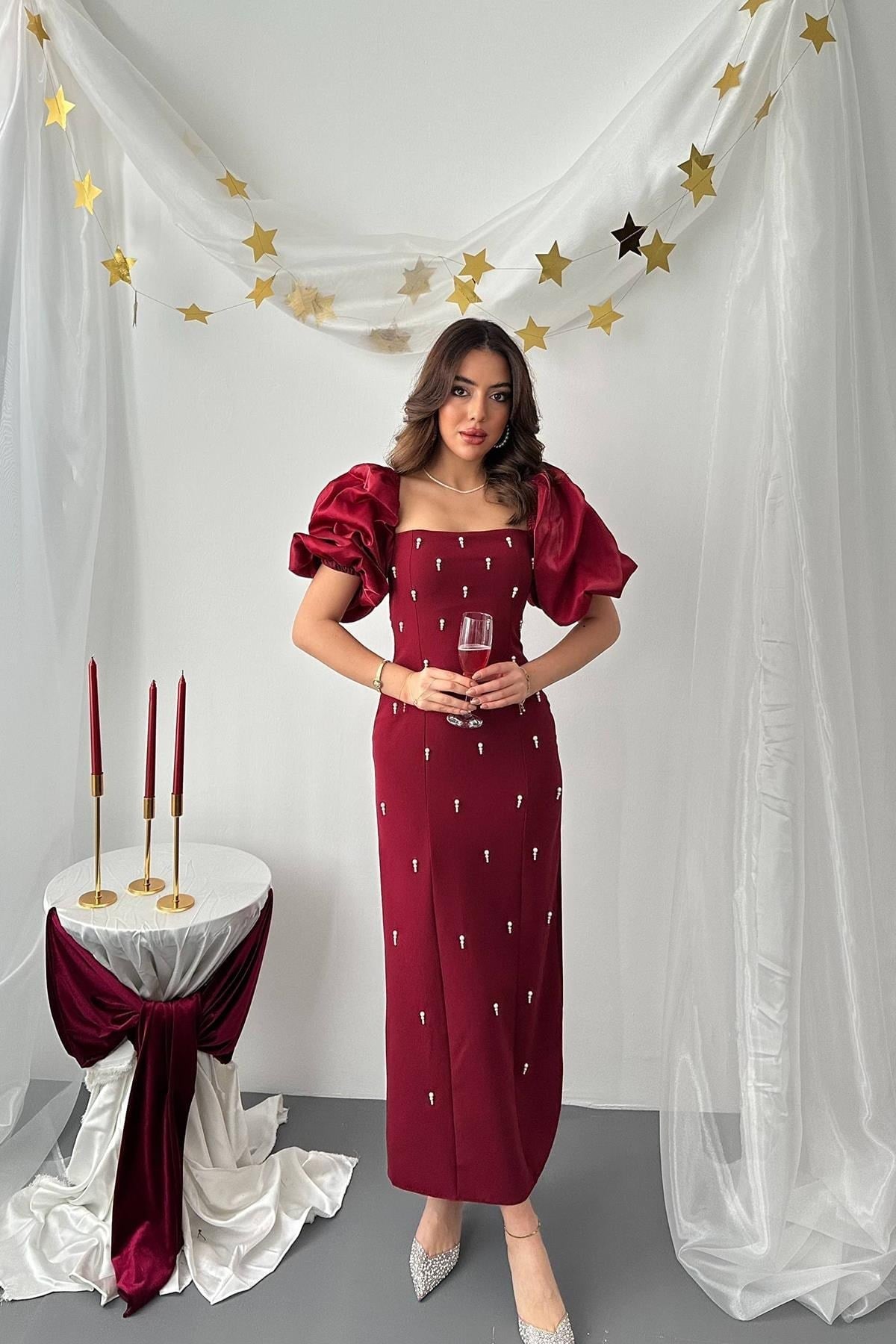 Toptan Bordo İşlemeli Kolu Garnili Elbise