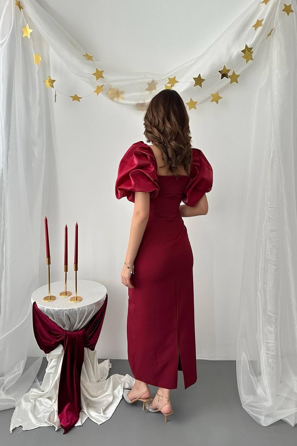 Toptan Bordo İşlemeli Kolu Garnili Elbise