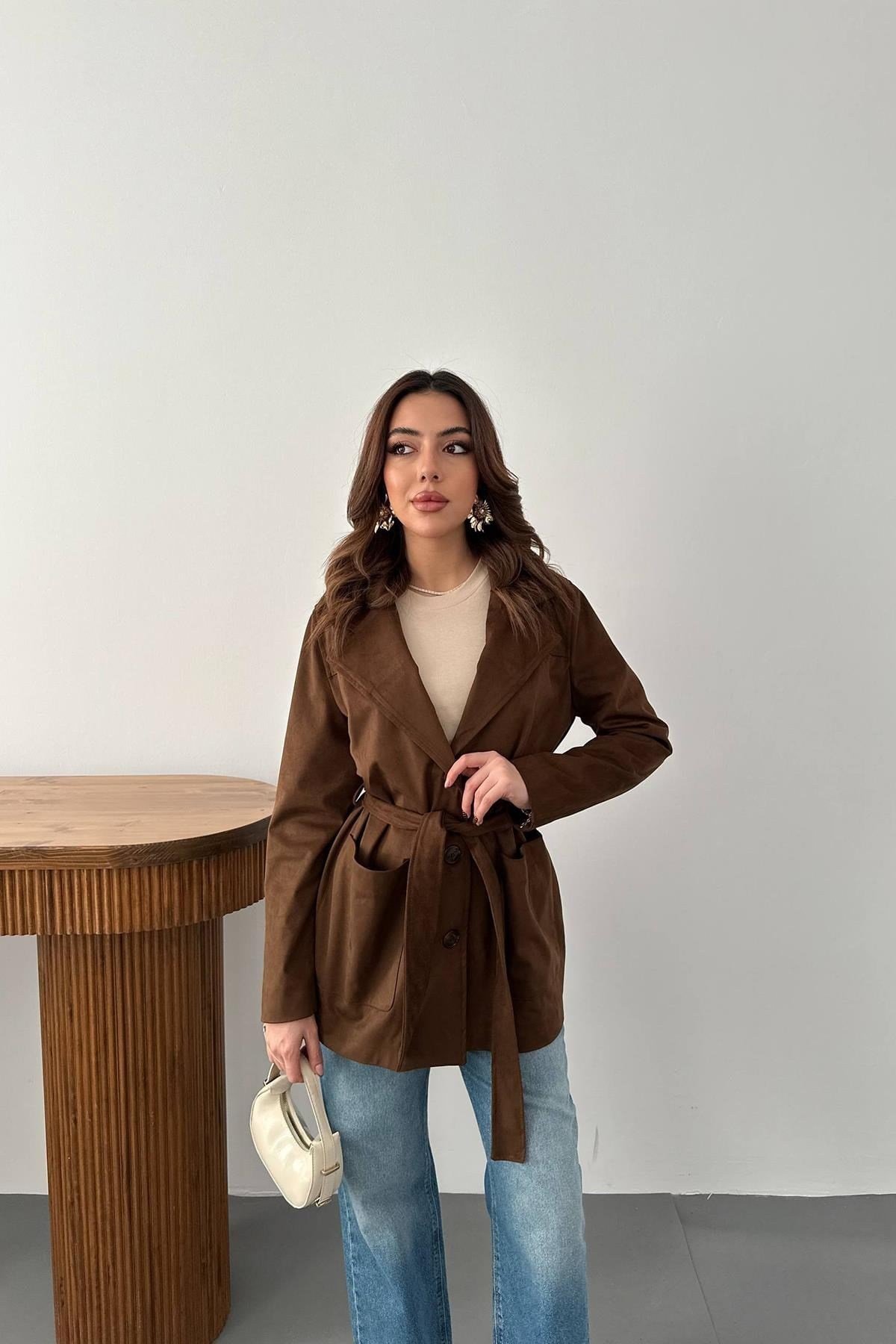 Toptan Camel Süet Bağlamalı Ceket