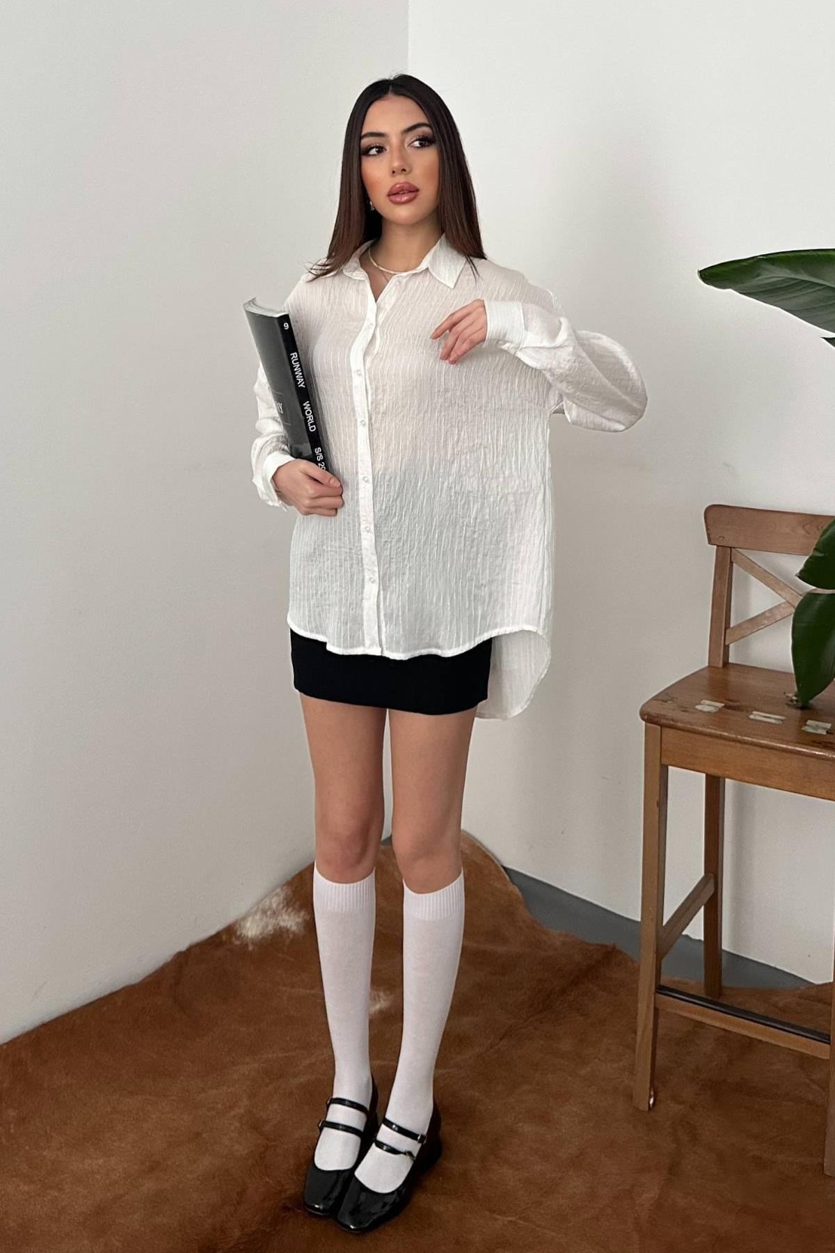 Toptan Ekru Nakışlı Oversize Gömlek