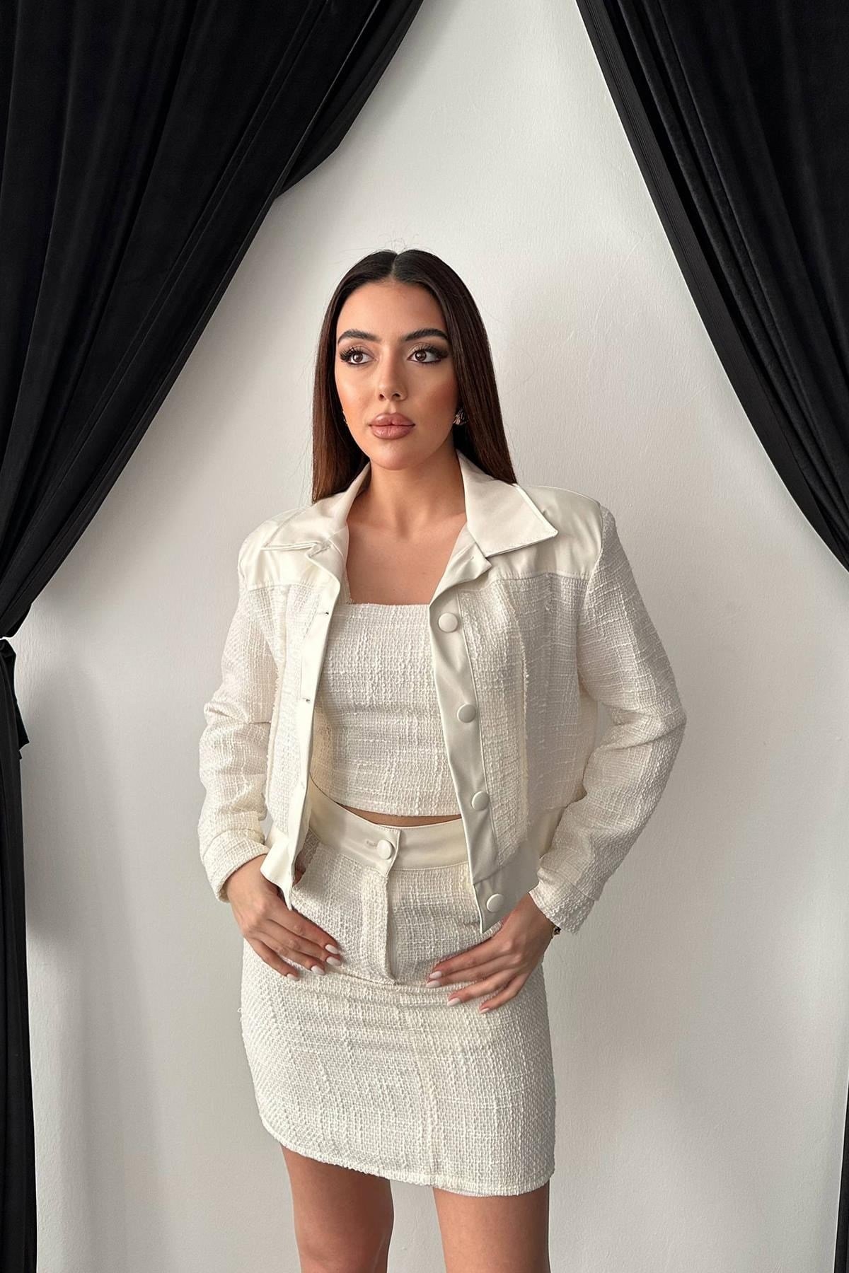 Toptan Ekru Üçlü Deri Garnili Ceket Ve Pantolon Takım