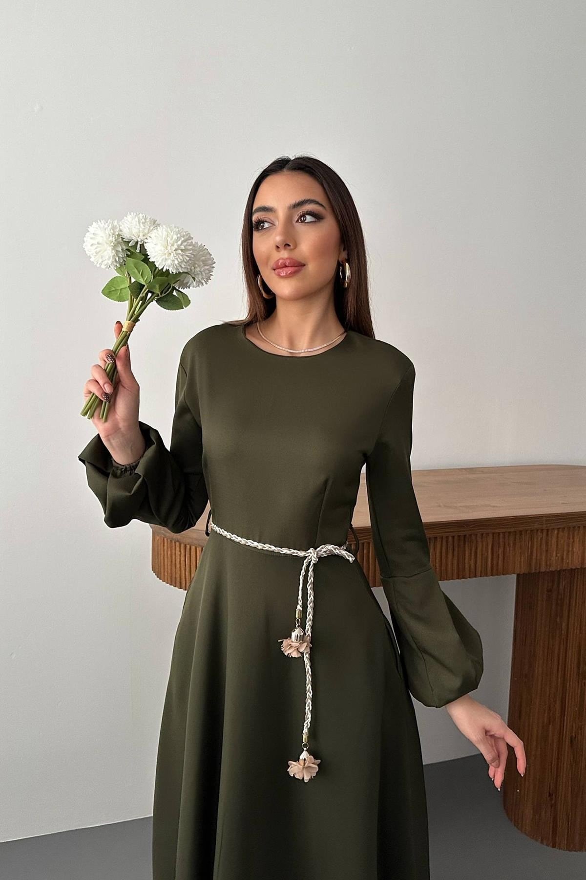 Toptan Haki Balon Kollu Kuşaklı Elbise