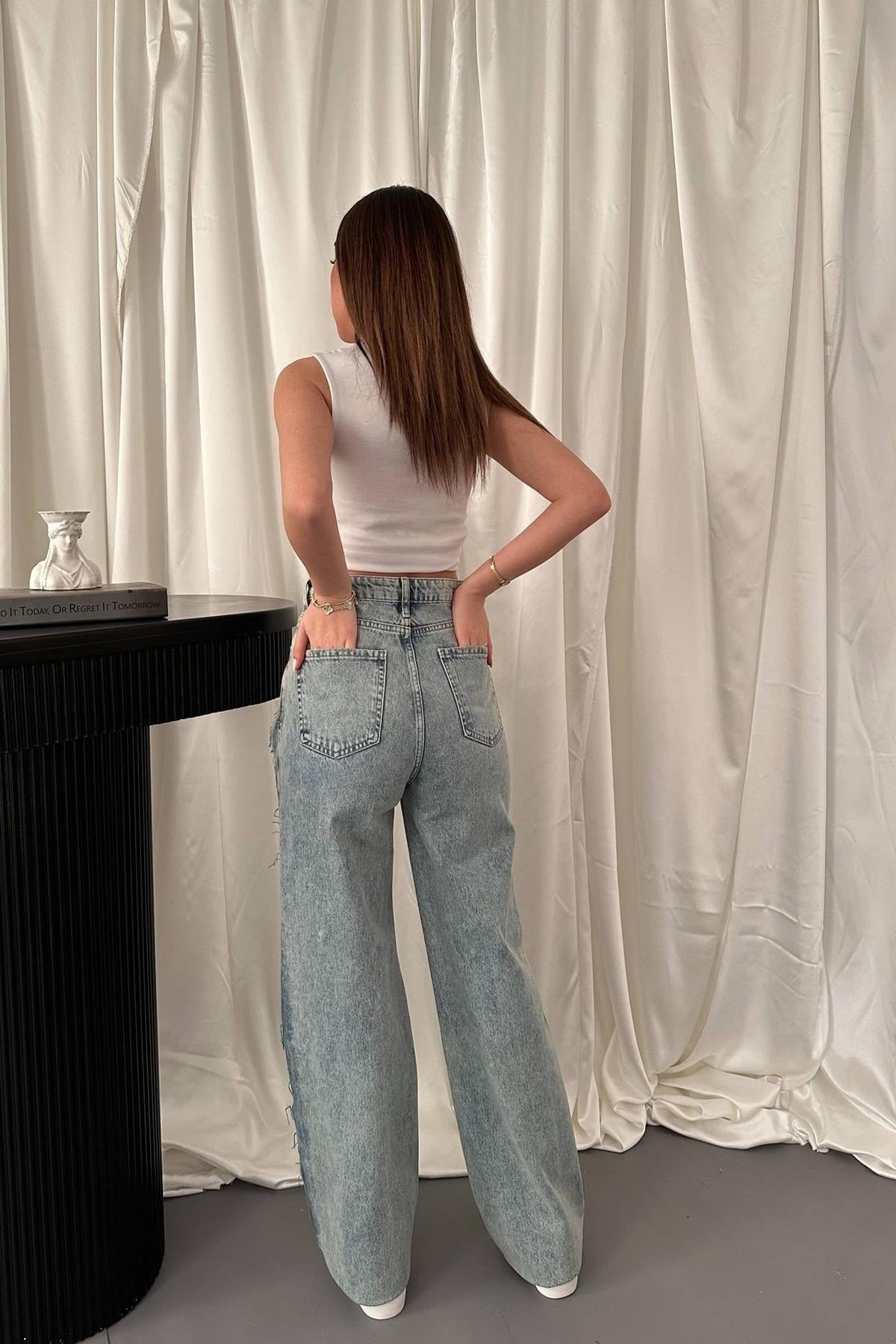 Toptan Kar Yıkama Yan Yırtmaçlı Jeans Pantolon
