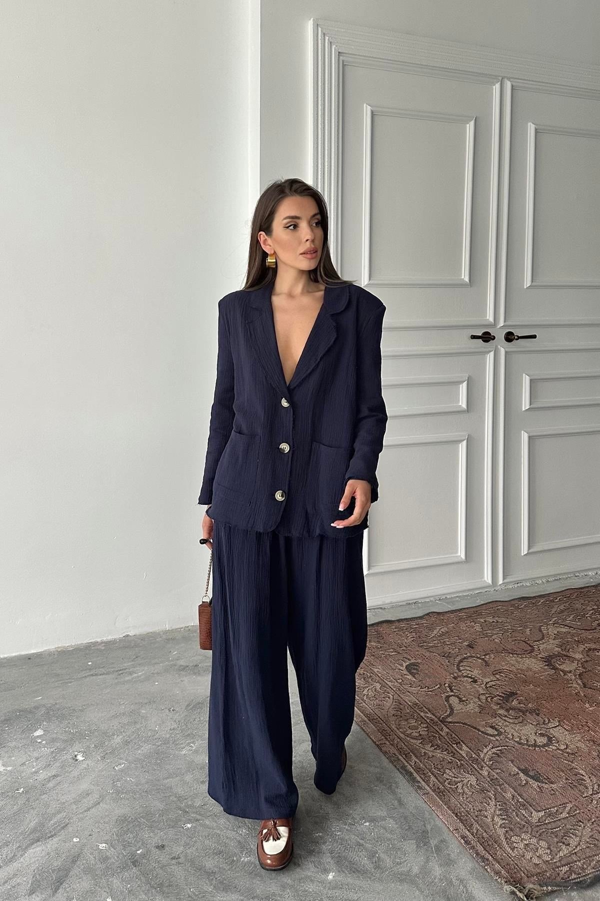 Toptan Lacivert Oversize Müslin Takım
