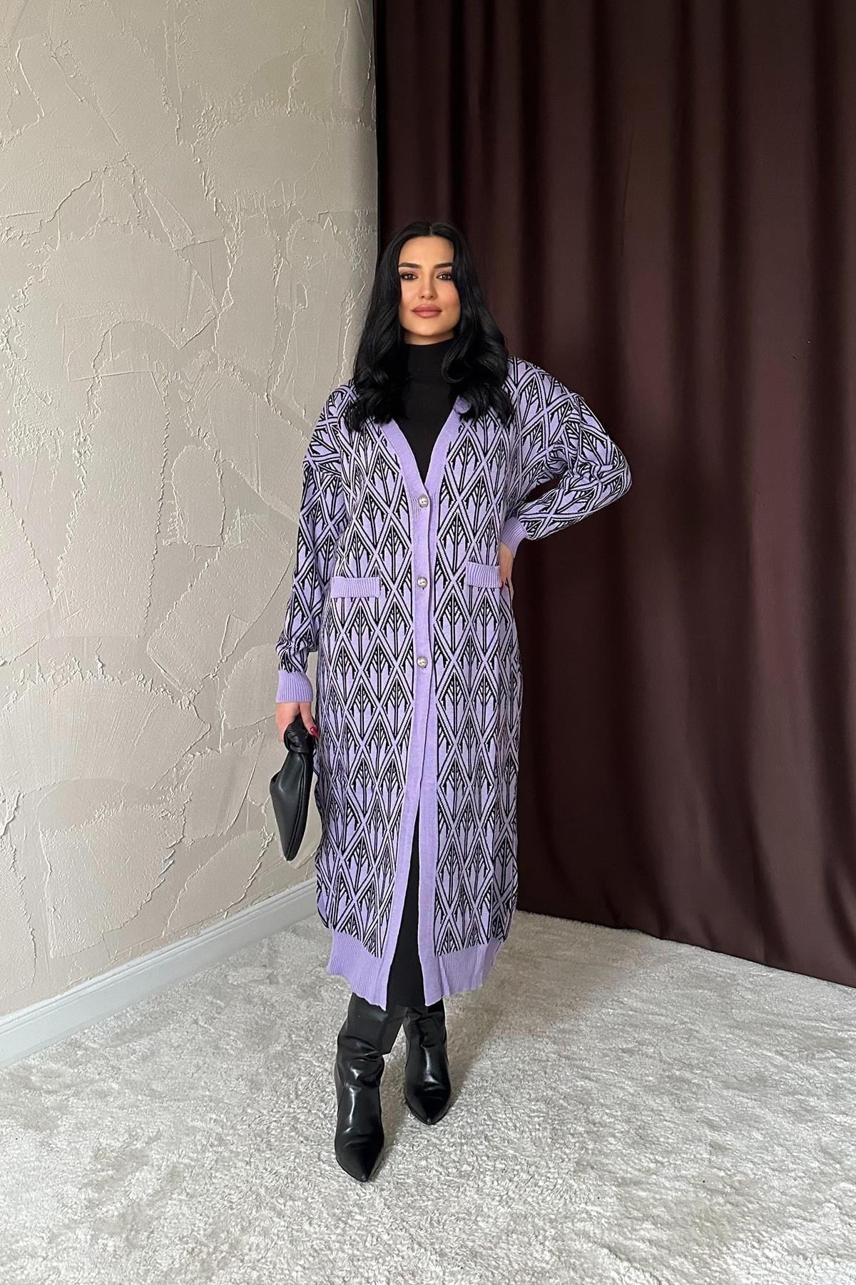 Toptan Lila Düğmeli Triko Hırka