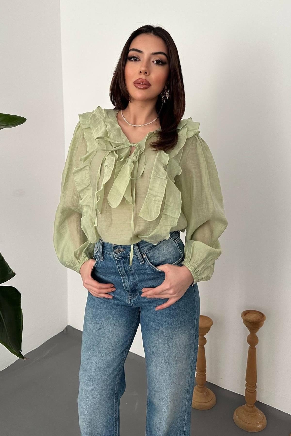 Toptan Mint Fırfırlı Bluz