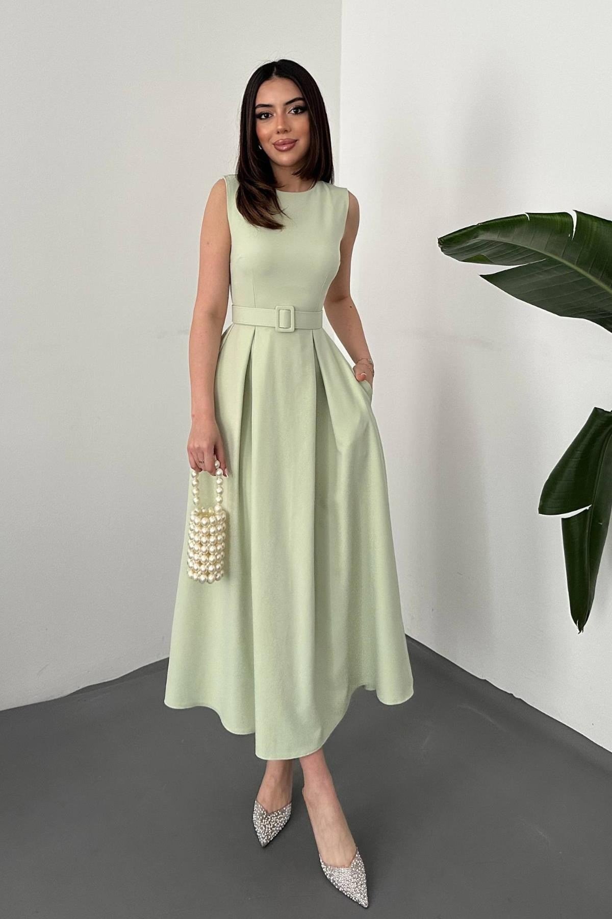 Toptan Mint Halter Yaka Kloş Elbise