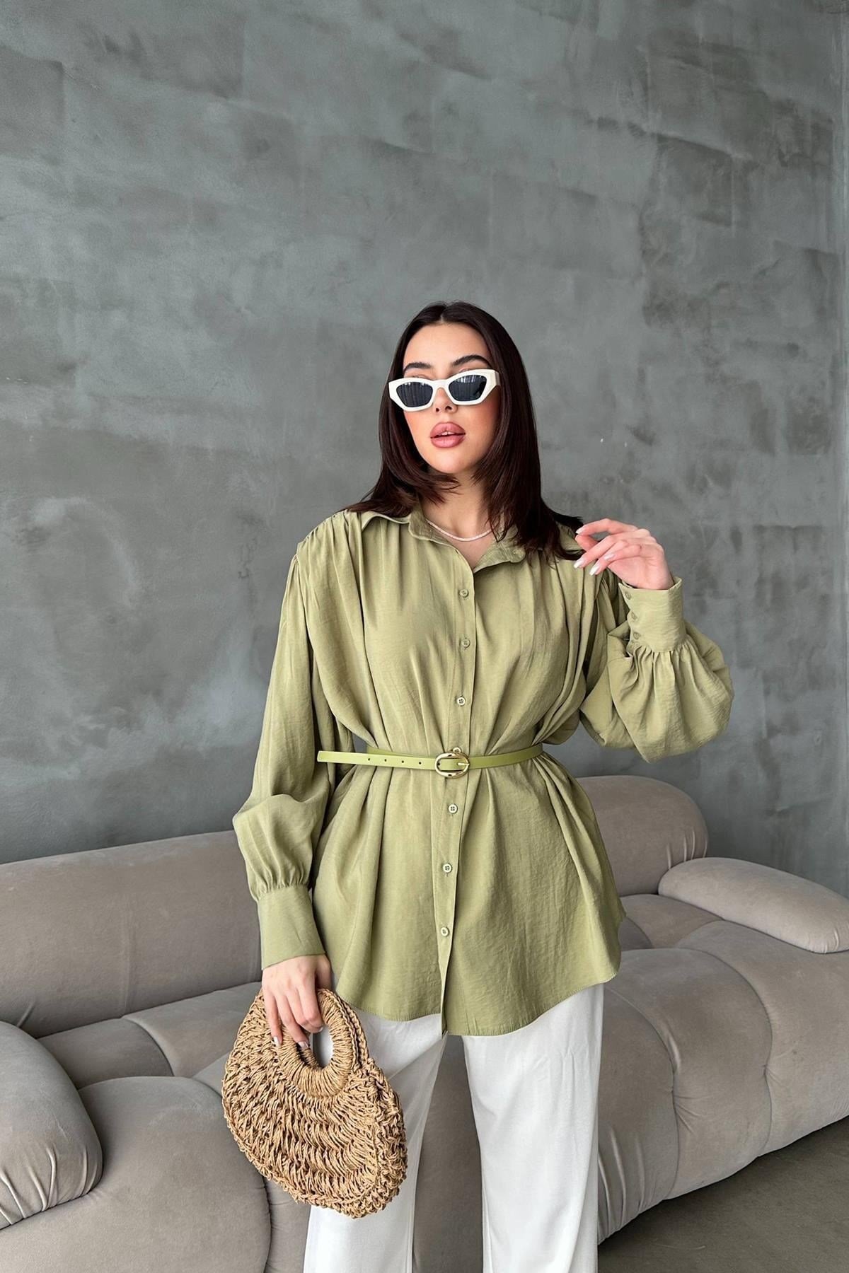 Toptan Olive Kemer Detaylı Modal Gömlek