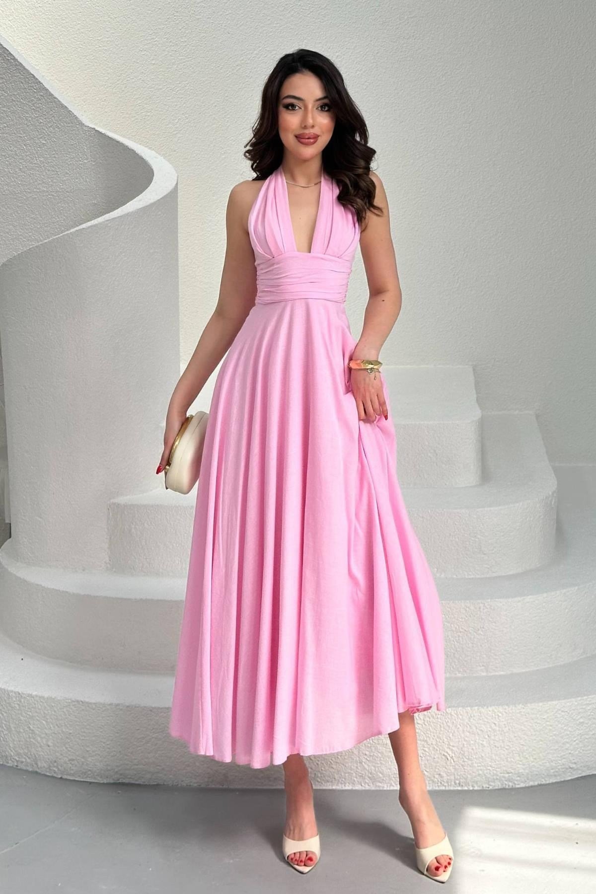 Toptan Pembe Askılı Keten Elbise