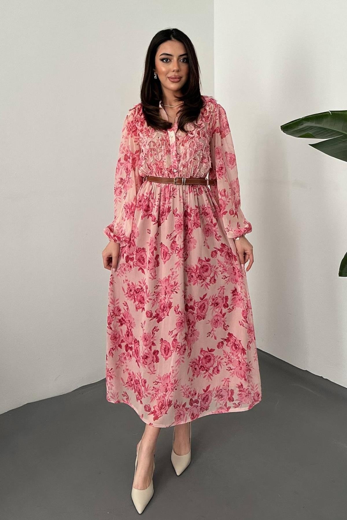 Toptan Pembe Biye Detaylı Elbise