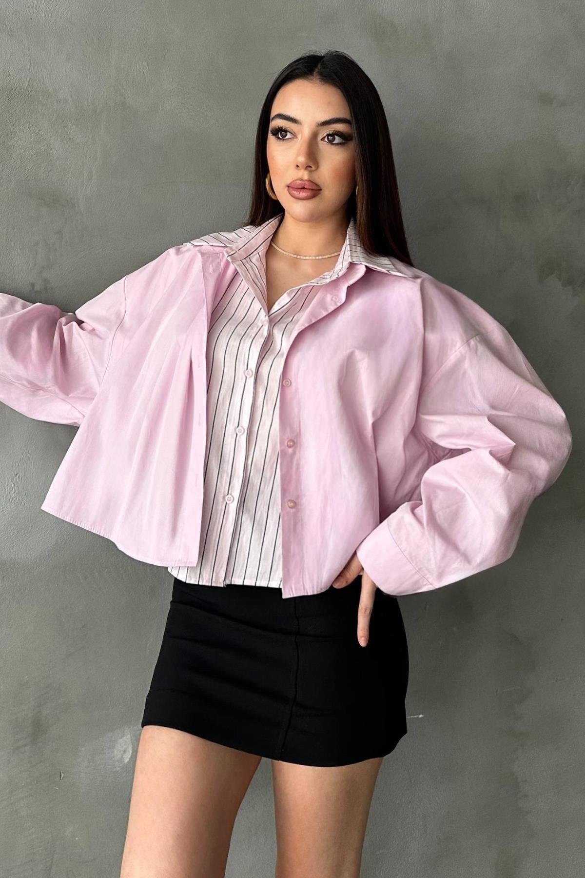 Toptan Pembe Çizgi Garnili Oversıze Gömlek