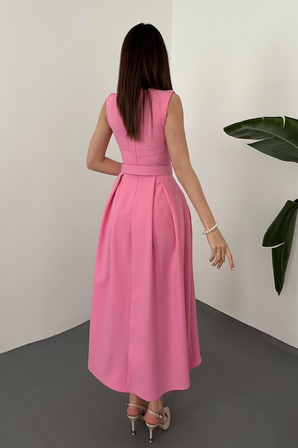 Toptan Pembe Halter Yaka Kloş Elbise