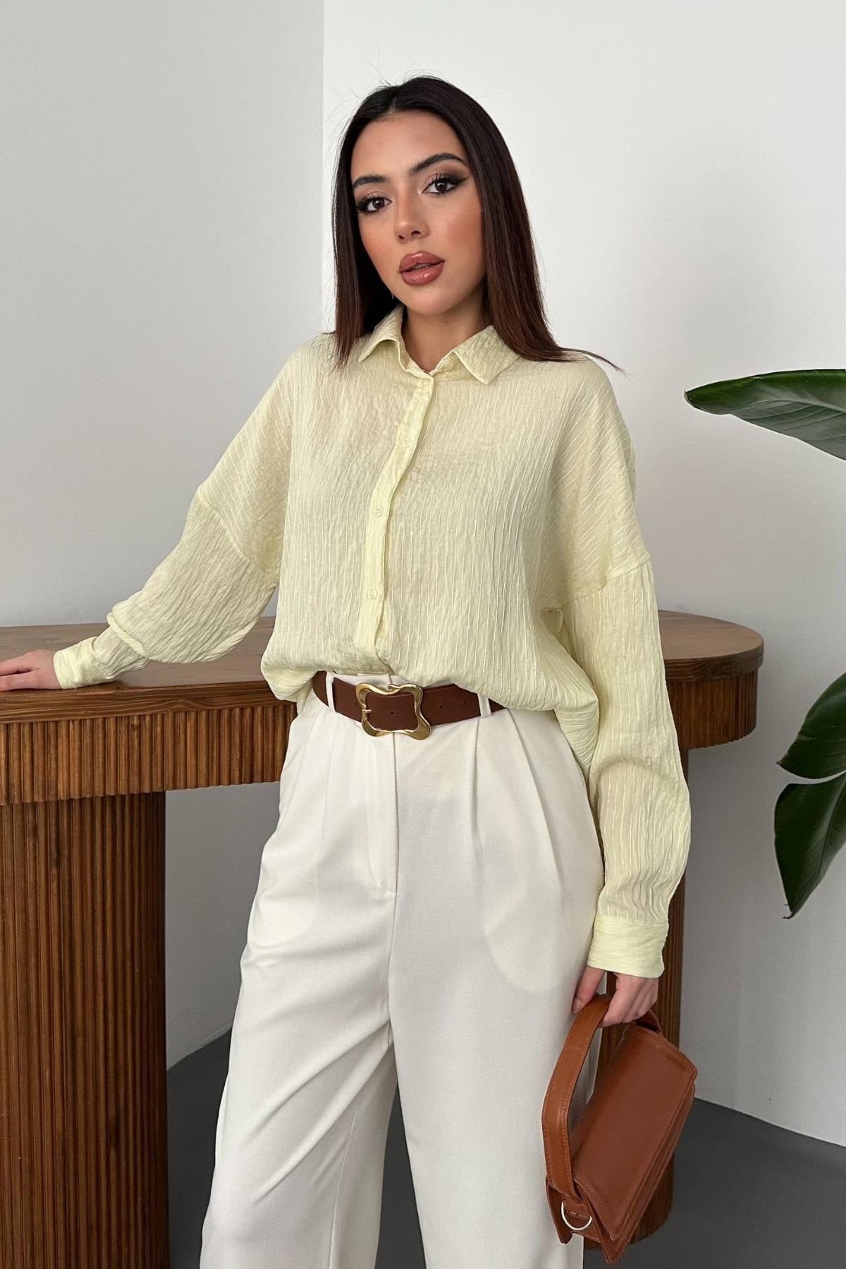 Toptan Sarı Nakışlı Oversize Gömlek