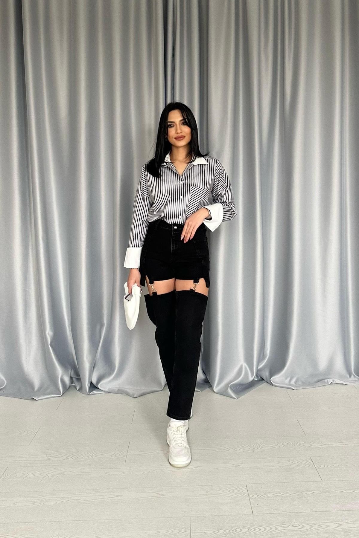 Toptan Siyah Askılı İki Parça Jeans Pantolon