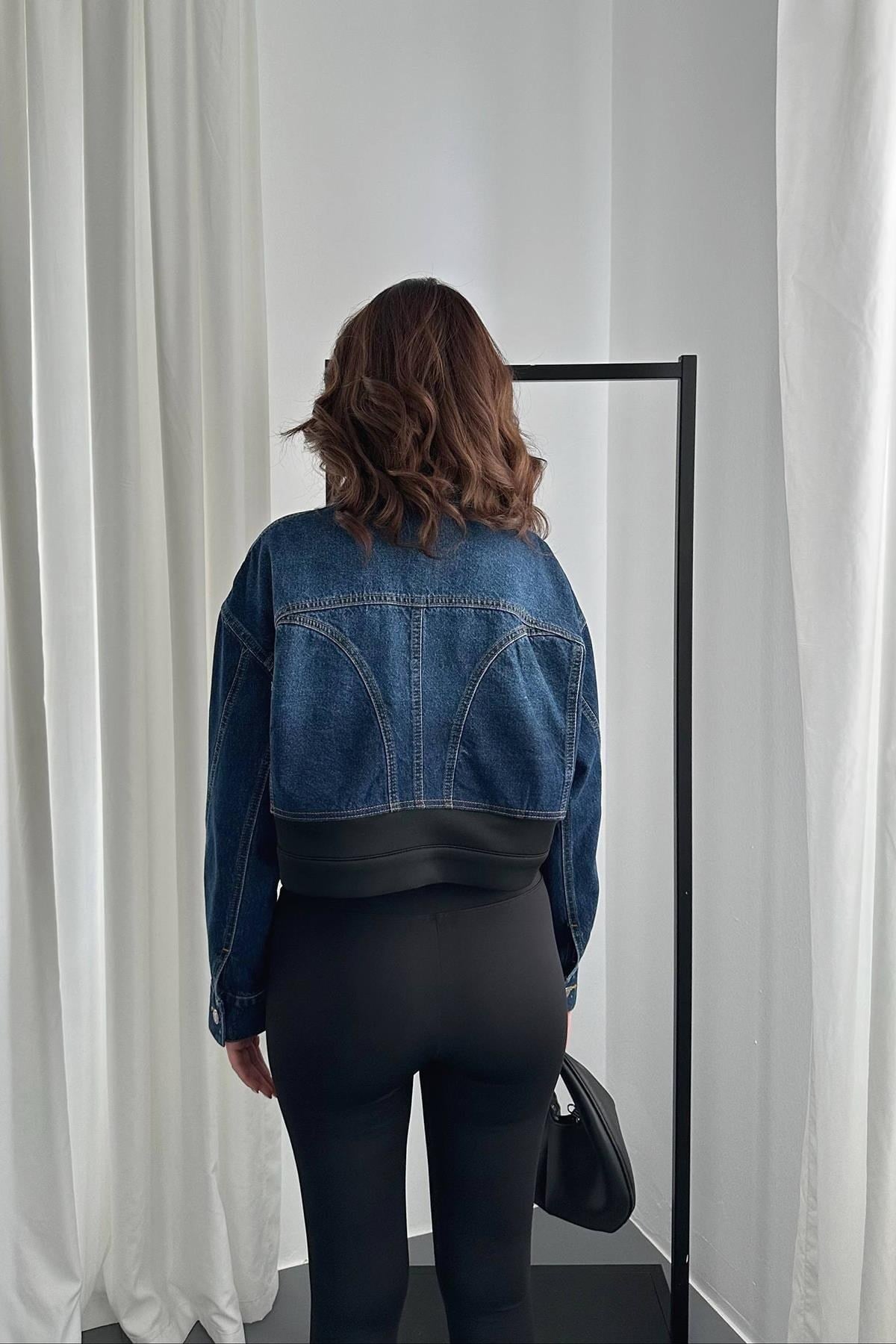 Toptan Siyah Denim Scuba Garnili Ceket