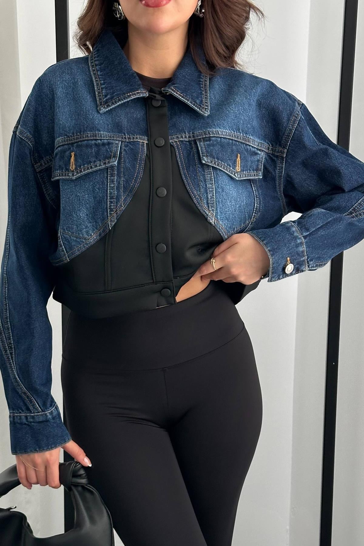 Toptan Siyah Denim Scuba Garnili Ceket