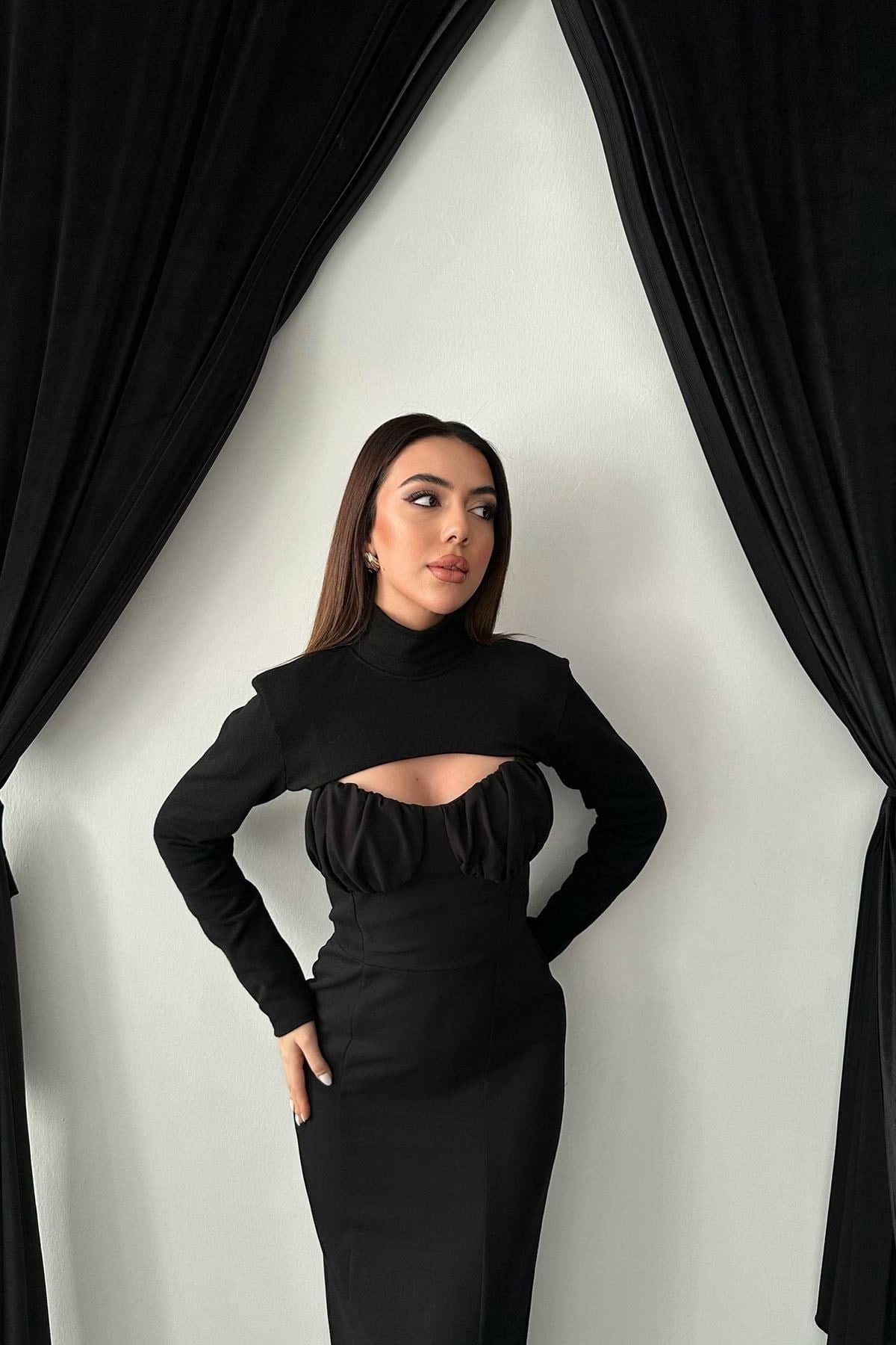 Toptan Siyah Göğüs Kuplu Elbise