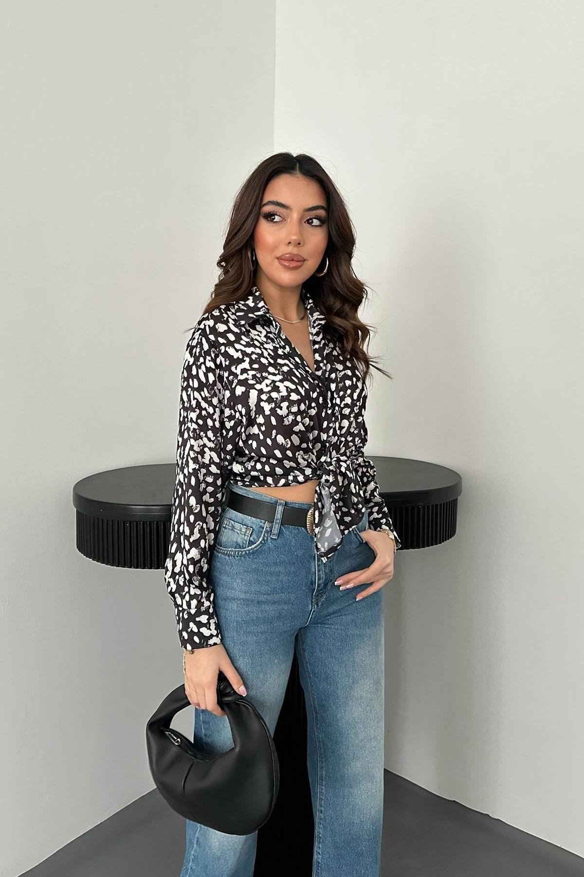 Toptan Siyah Leopar Desenli Saten Gömlek