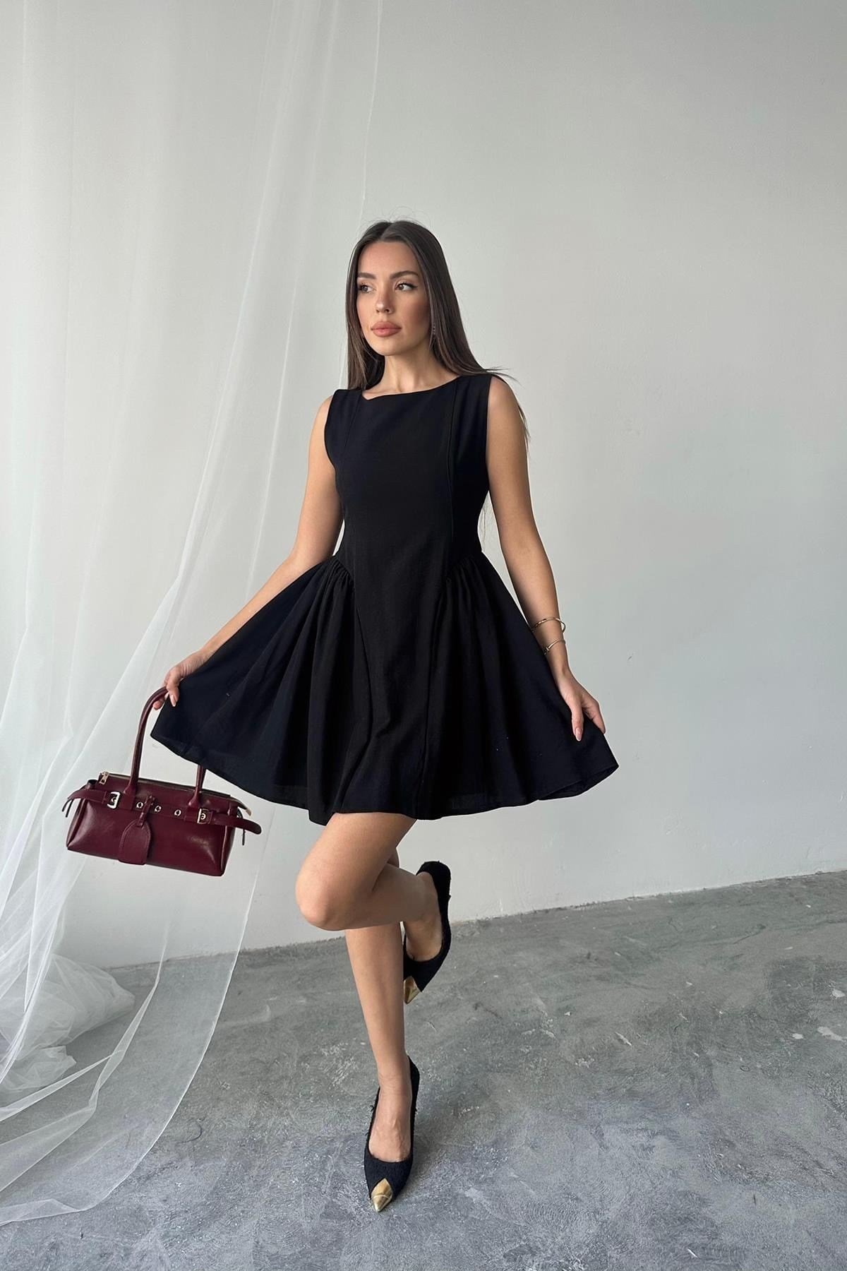 Toptan Siyah Mini Boy Büzgülü Keten Elbise