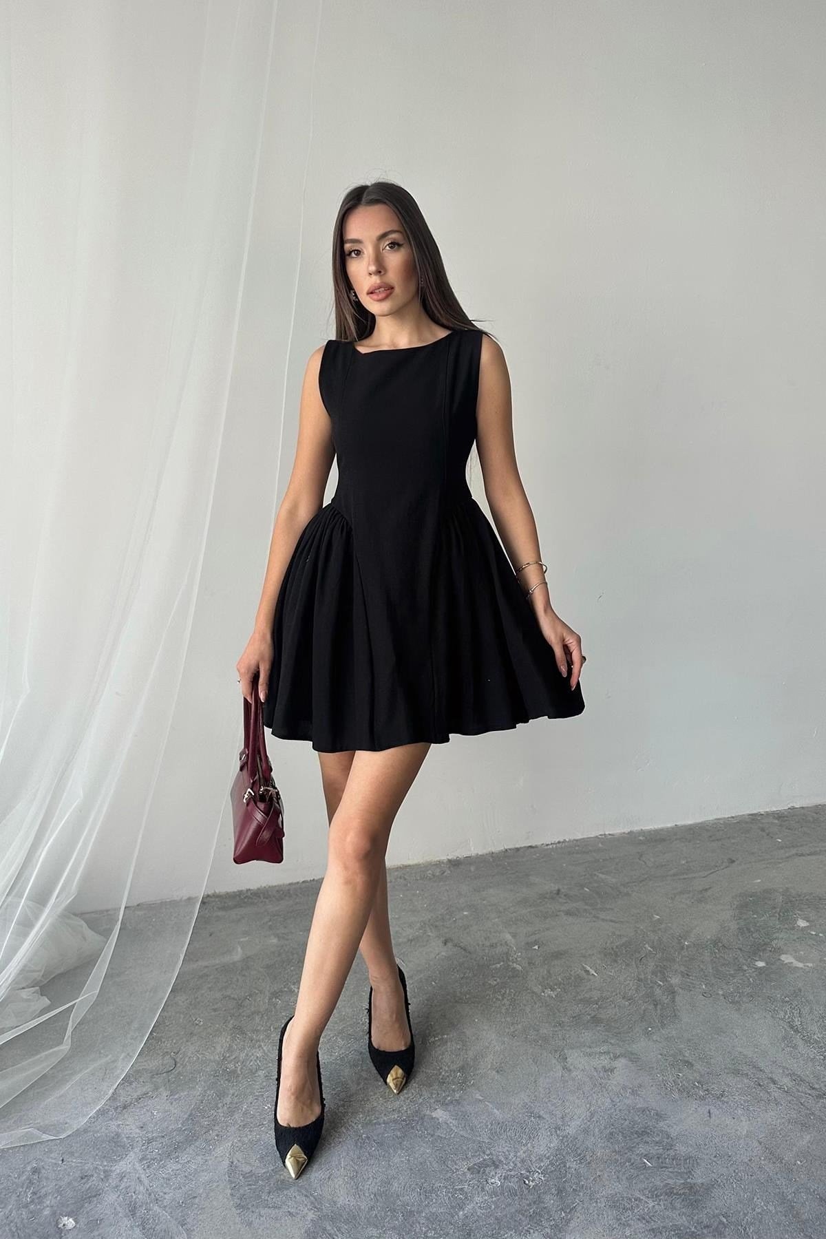 Toptan Siyah Mini Boy Büzgülü Keten Elbise