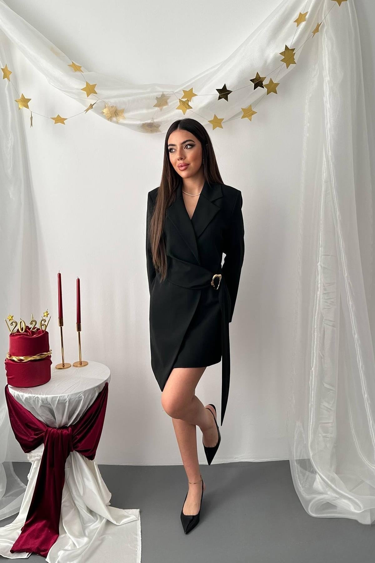Toptan Siyah Yandan Tokalı Ceket Elbise